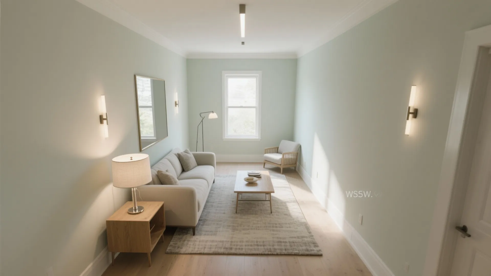 Minimalist living room with light green walls white sofa wooden coffee table and wall light