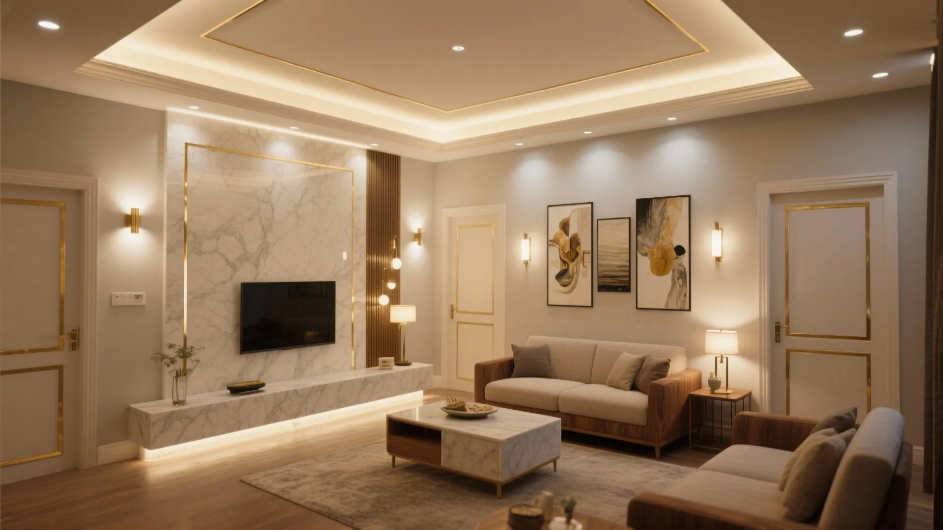 Layered Lighting, Marble Details, and Brass Accents