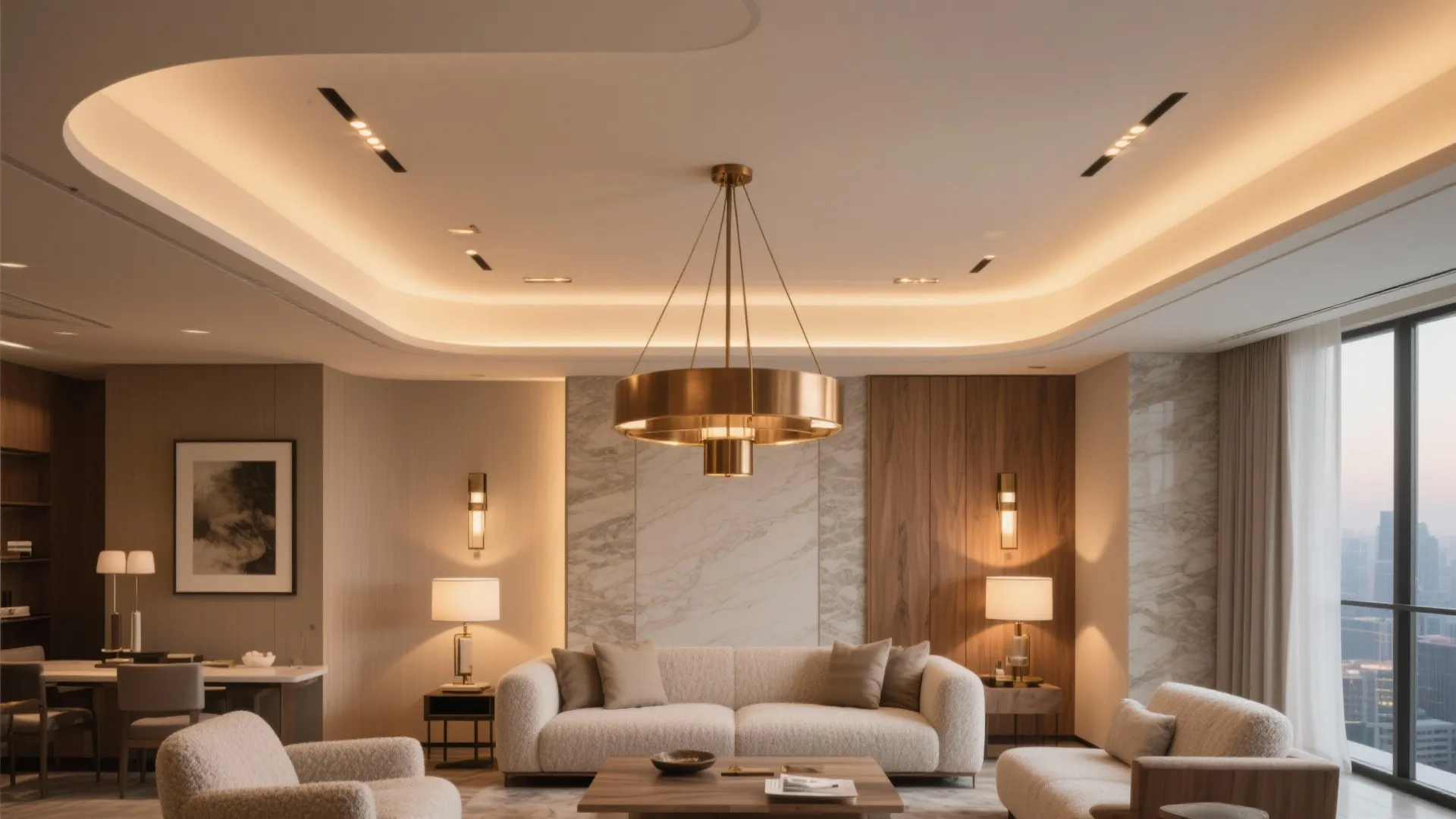 Warm living room featuring layered lighting with gold ceiling light wall lights and table lamps
