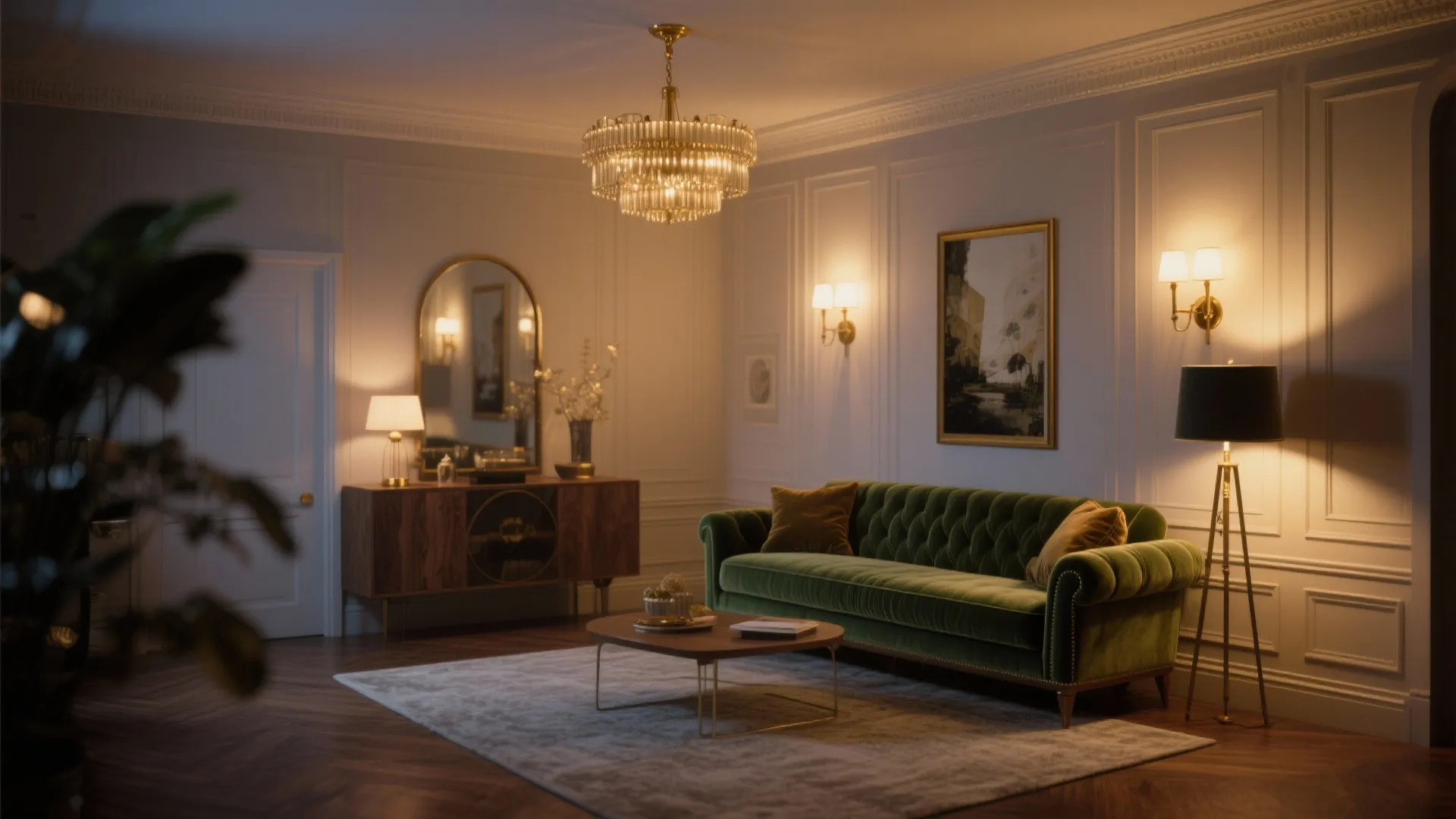 Evening living room with sconces, picture lights, floor lamp, and a dimmed pendant casting warm 2700K light.