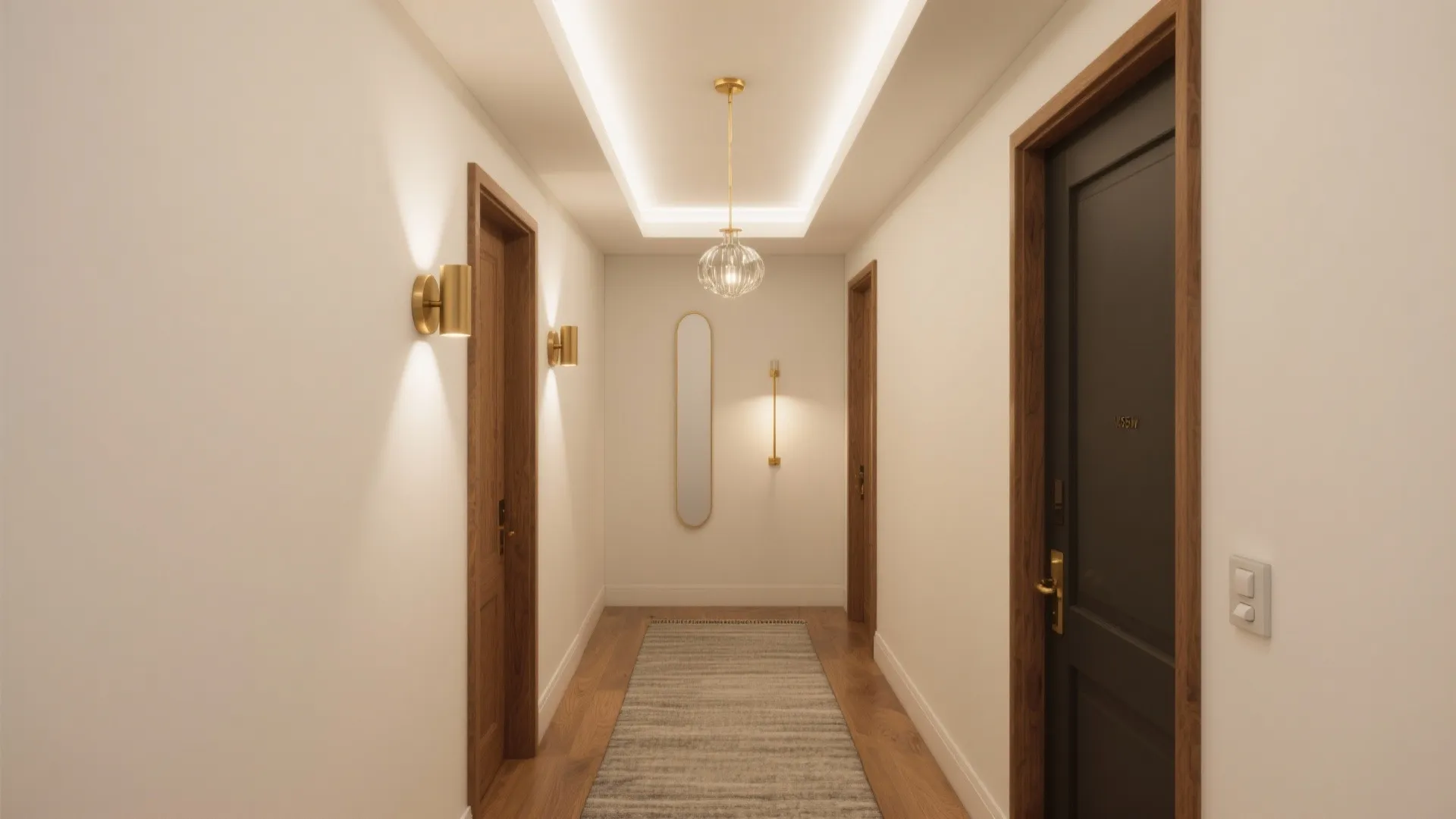 Modern hallway with white walls wooden doors ceiling light wall lights and a long rug