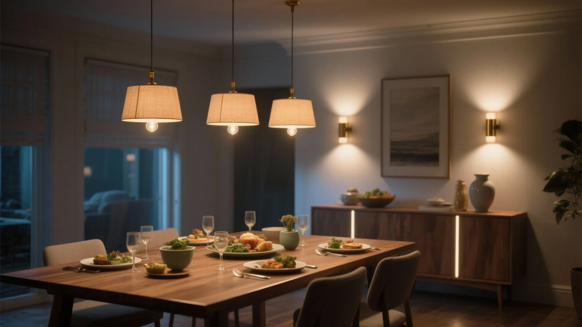 Modern dining room with three hanging ceiling lights, wall lights, wooden table, and warm atmosphere