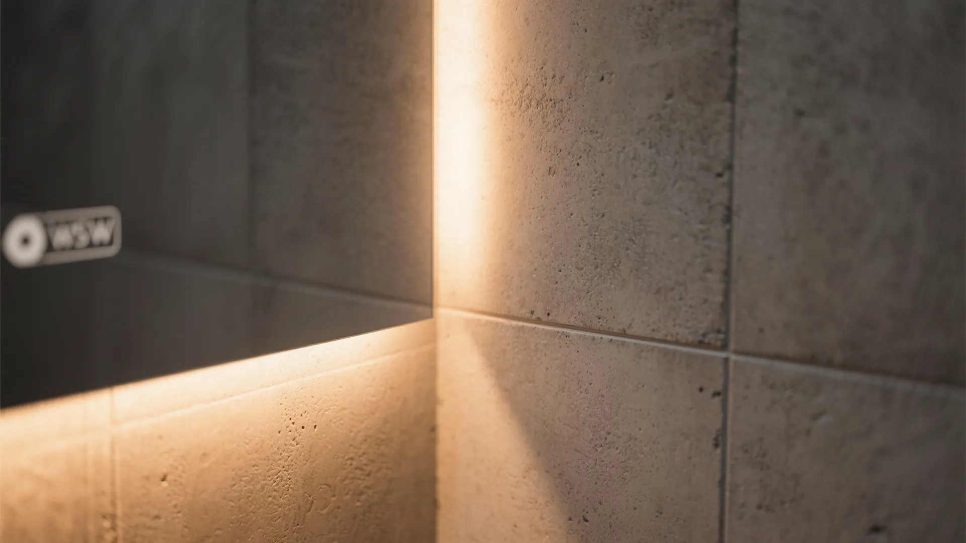 Macro view of textured concrete-look tile with warm layered LED lighting revealing subtle shadows and detail.