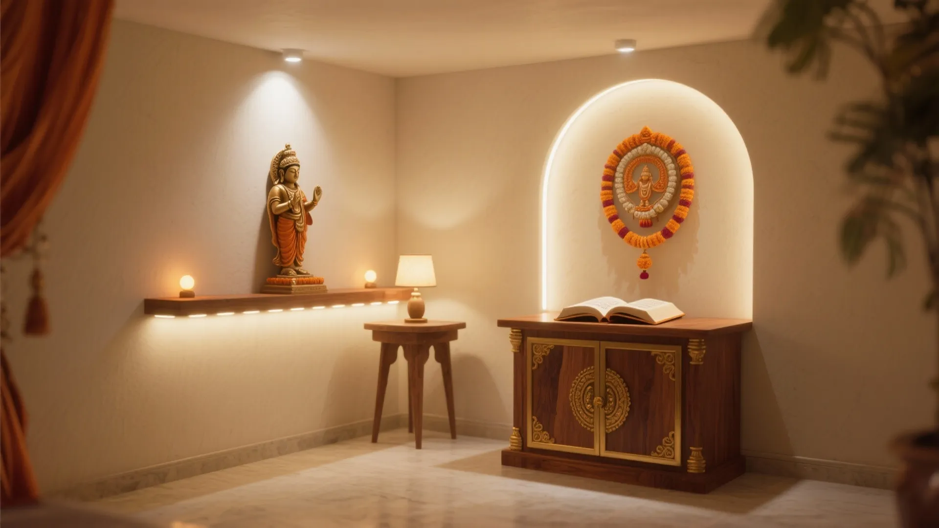Small mandir corner with layered lighting—ambient glow, LED halo, warm puck light, and a tiny task lamp.