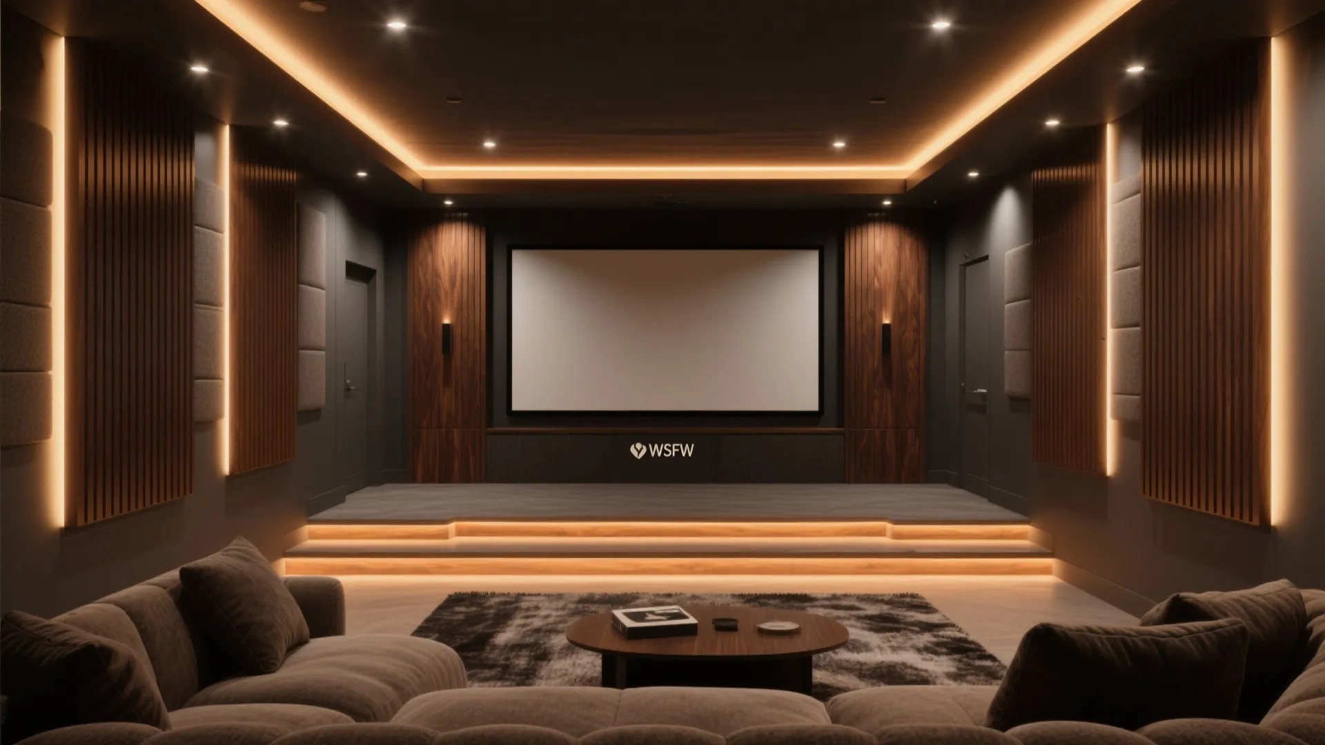 Modern home theater with large movie screen warm ceiling light grey sofa and wood walls