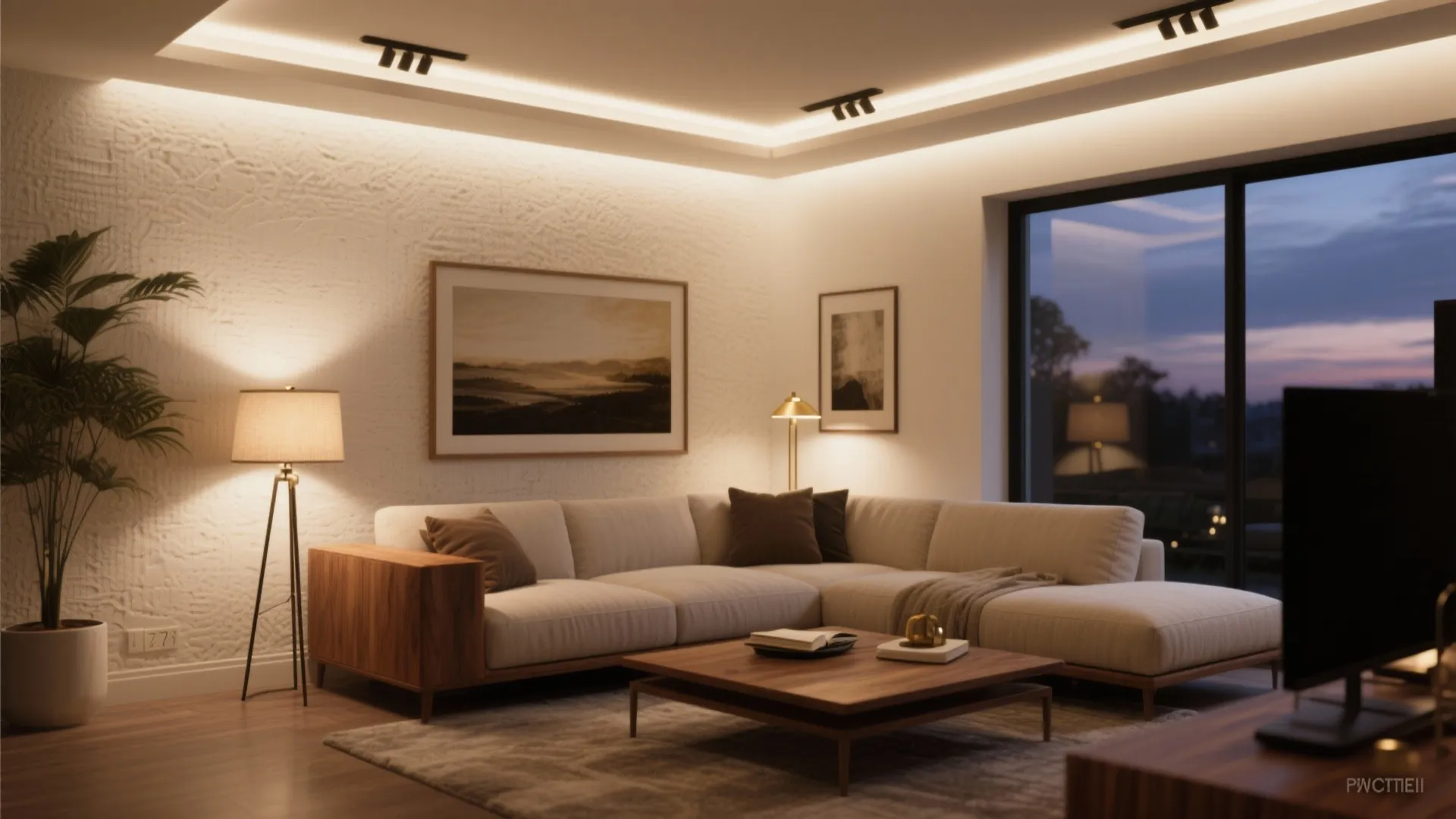 Beige sectional sofa wooden coffee table floor lamp and ceiling lights in modern living room