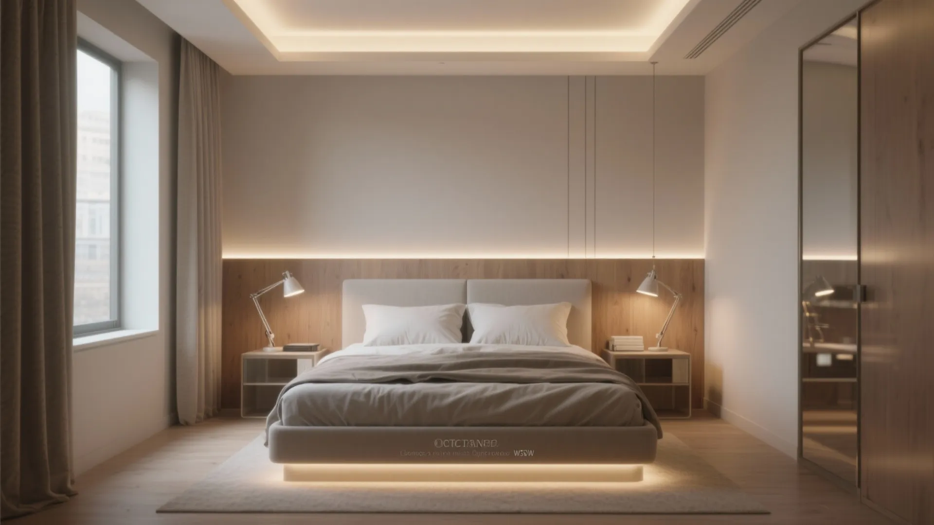 Modern bedroom with warm hidden ceiling light wooden wall panel comfortable bed and bedside table lamps
