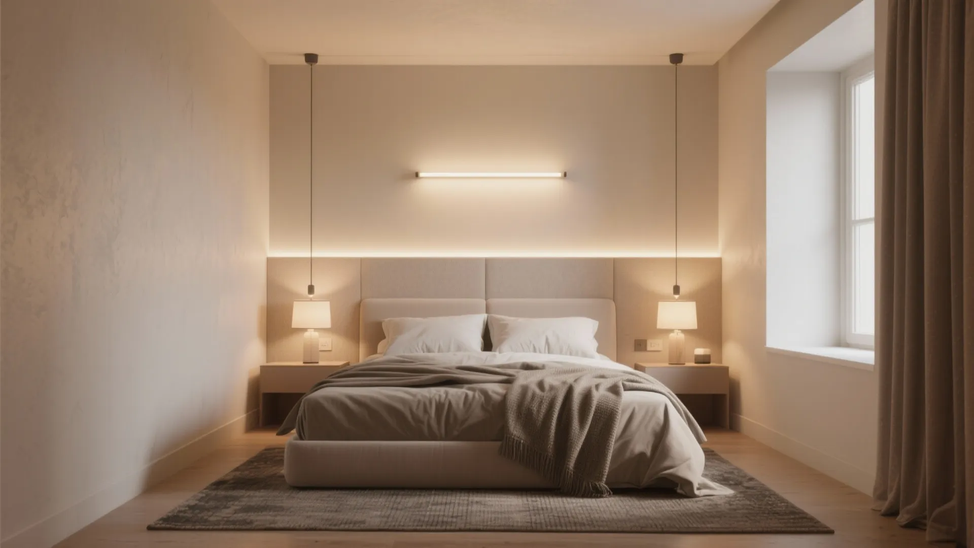 Minimalist bedroom with soft warm lighting pendant light fixtures grey rug and large window view