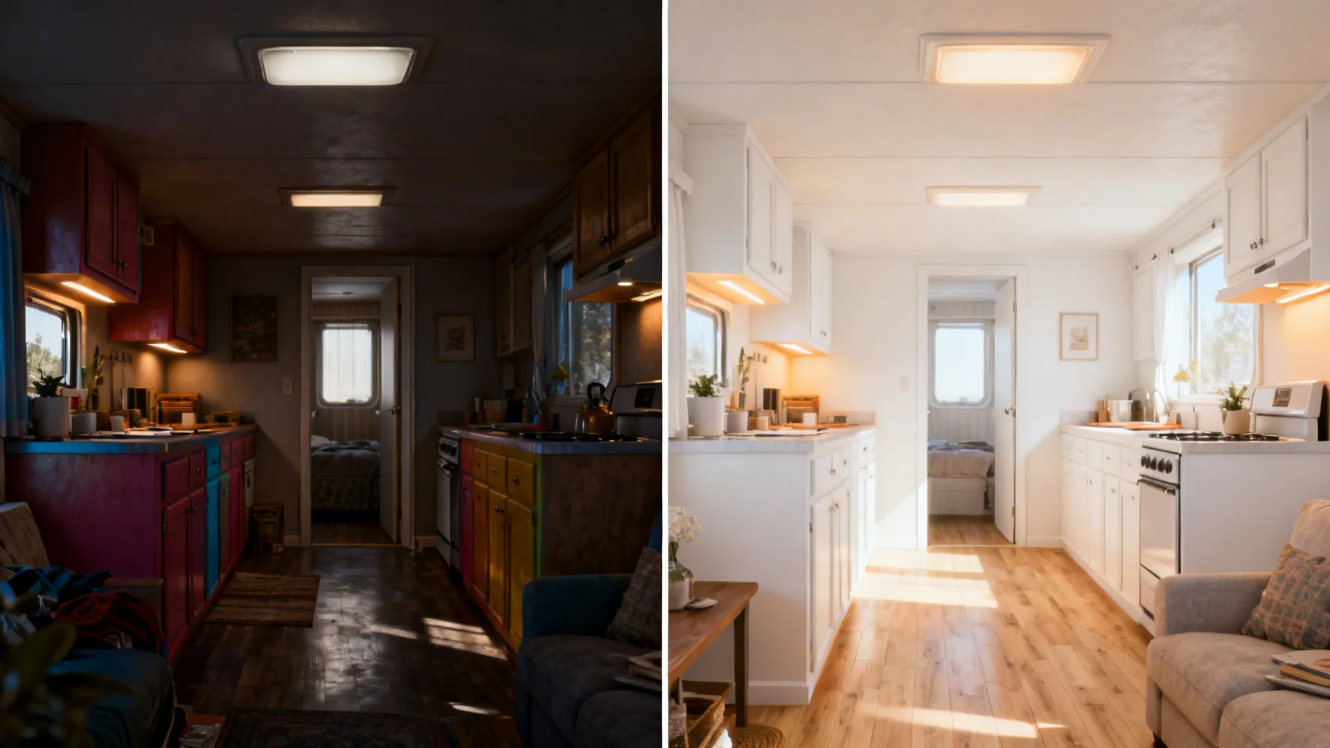 Before-and-after comparison showing how light warm neutrals and layered lighting open a mobile-home living room.