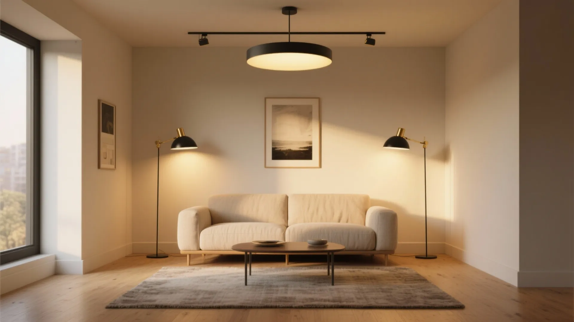 Cozy living room with beige sofa wood floor coffee table two floor lamps and ceiling light