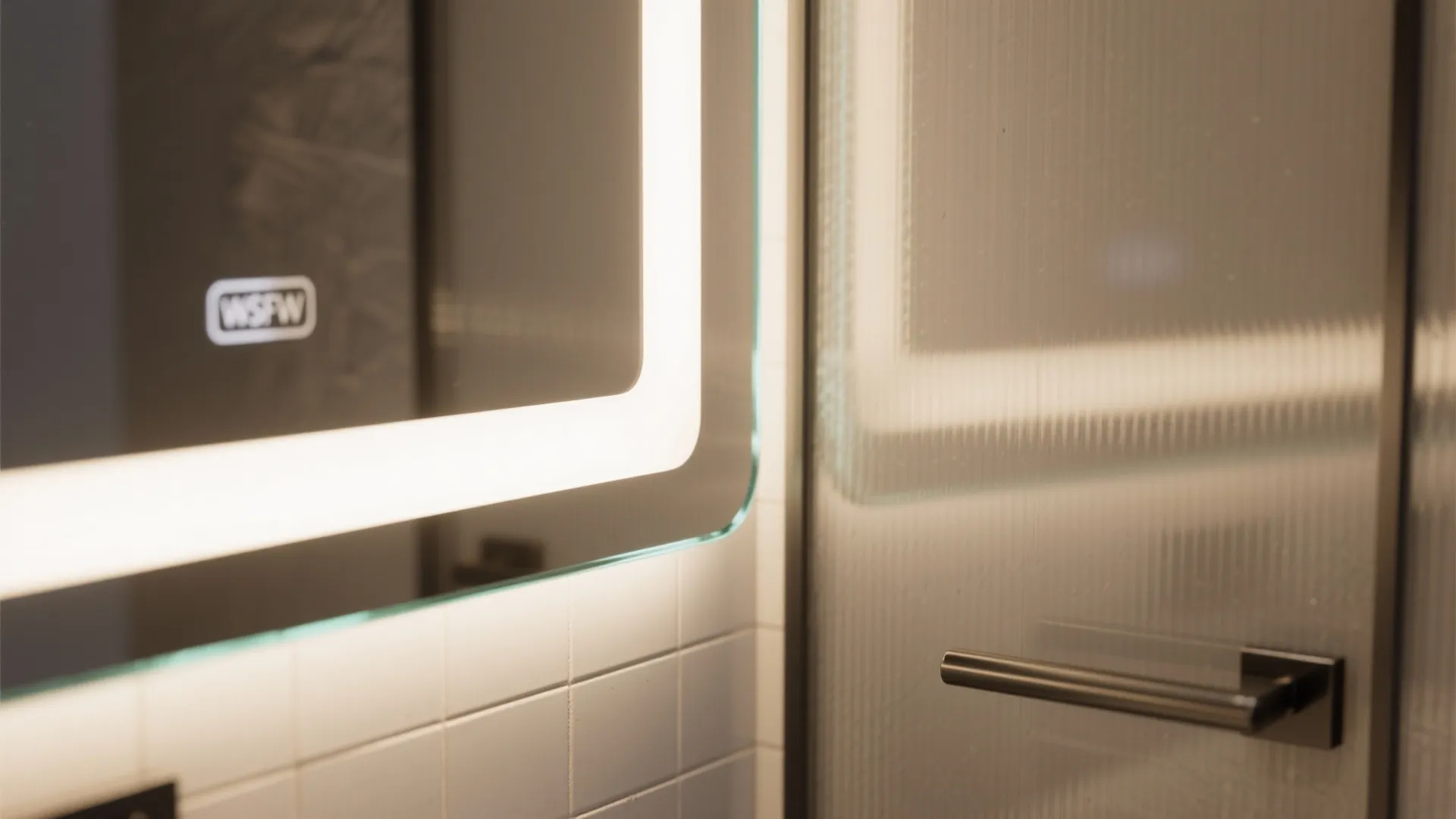 Modern bathroom with glowing lighted mirror, glass door with metal handle, and white wall tiles