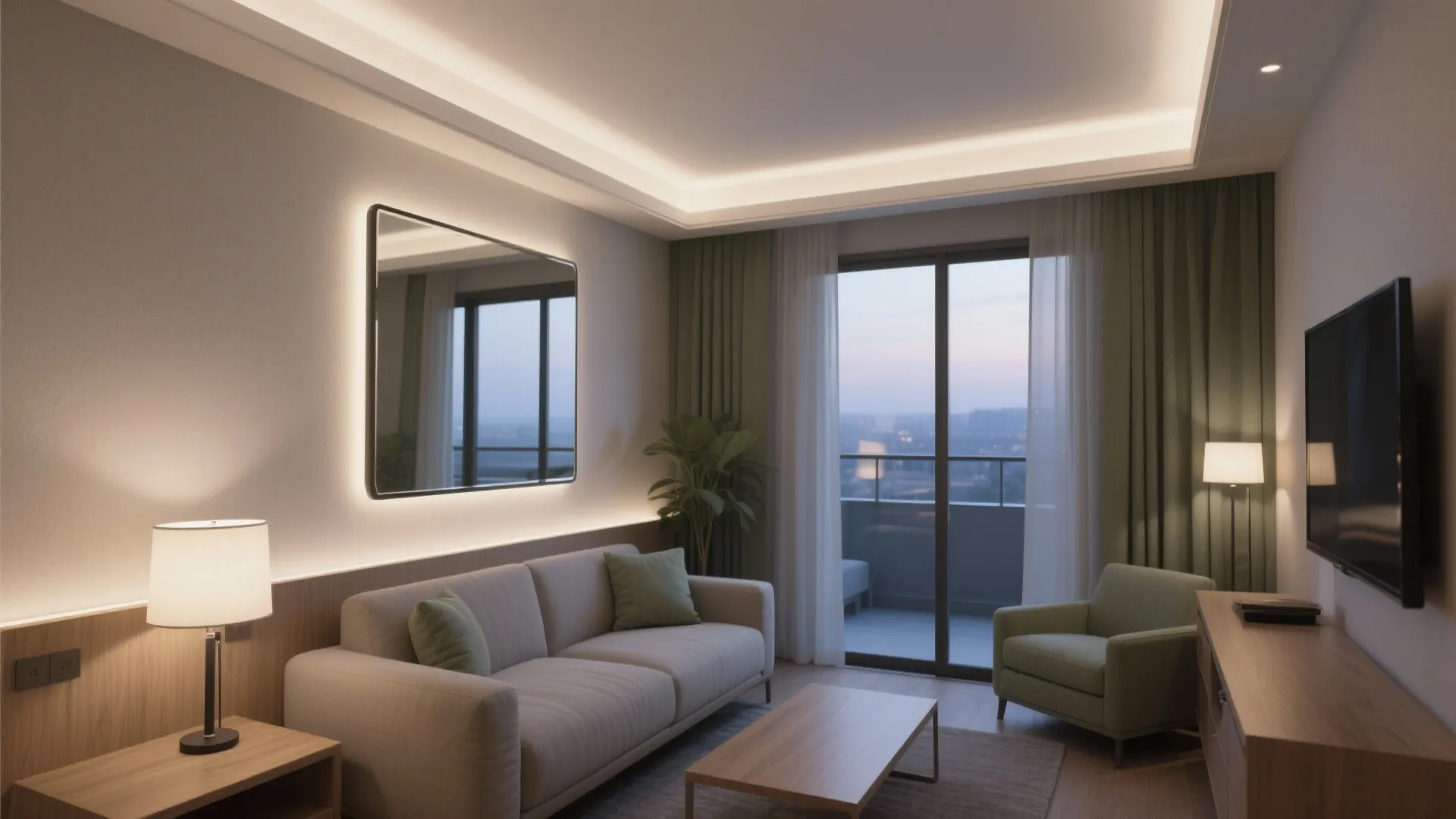 Light layering and mirror strategy for visual expansion