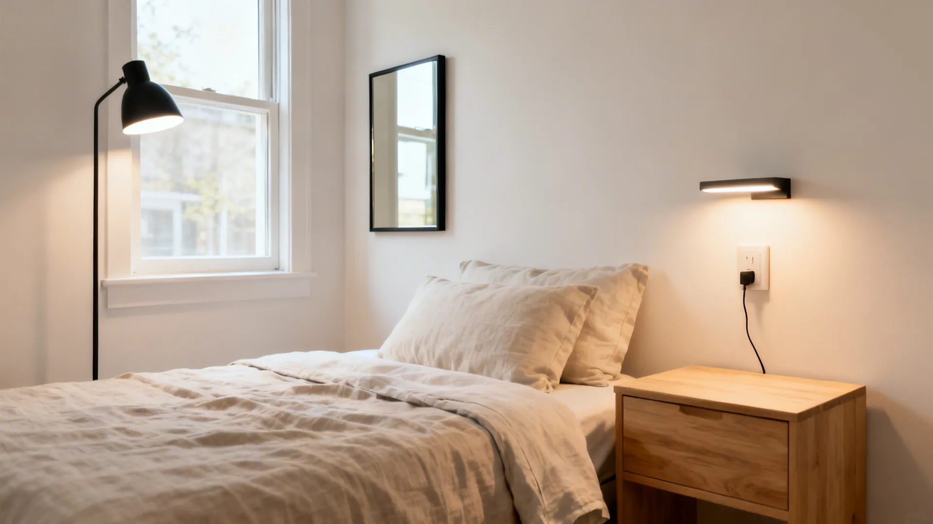 Small bedroom with LED floor lamp, plug-in sconce, and a mirror reflecting window light.