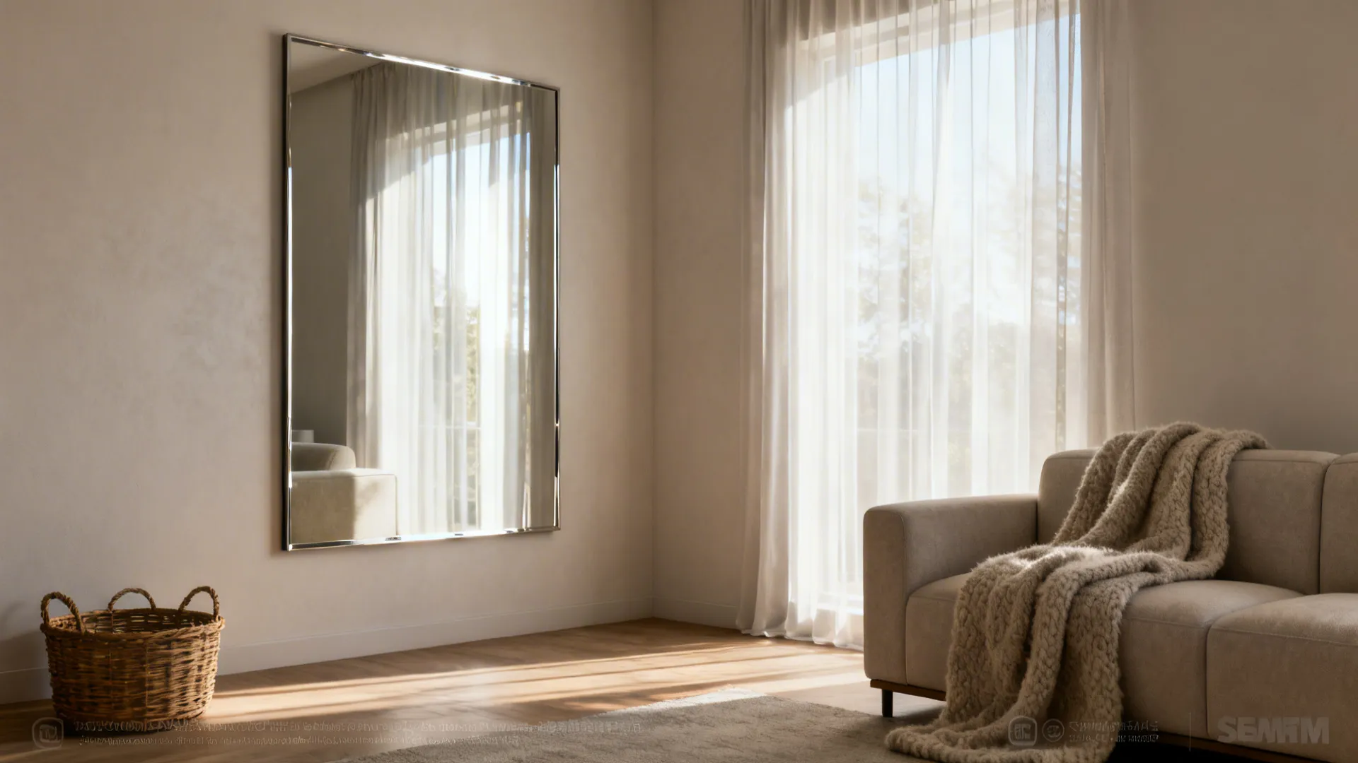 Small living room with pale walls, a large mirror, translucent curtains and warm textured accents.