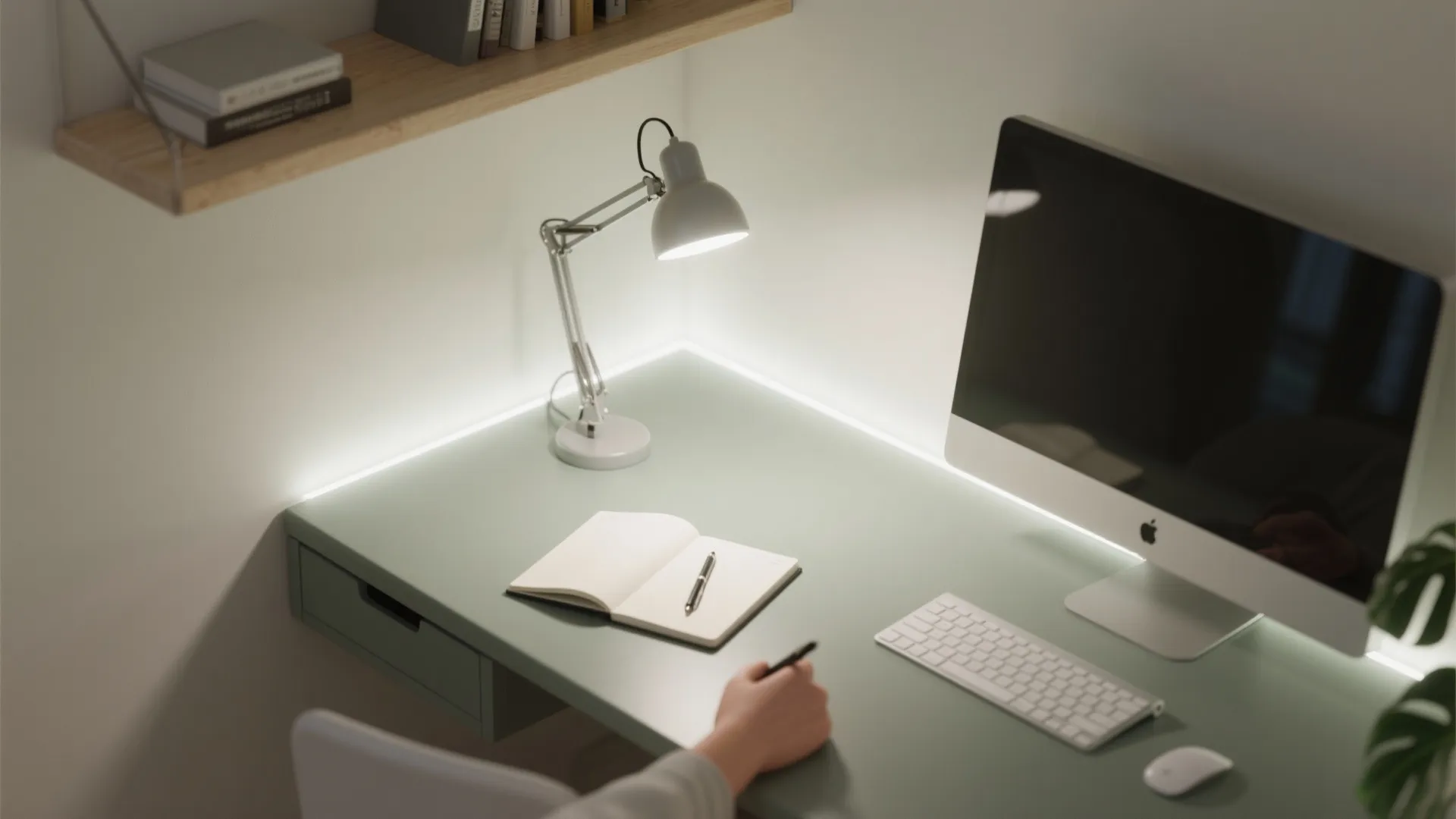 Modern green desk with white computer monitor and table lamp showing warm interior light layers