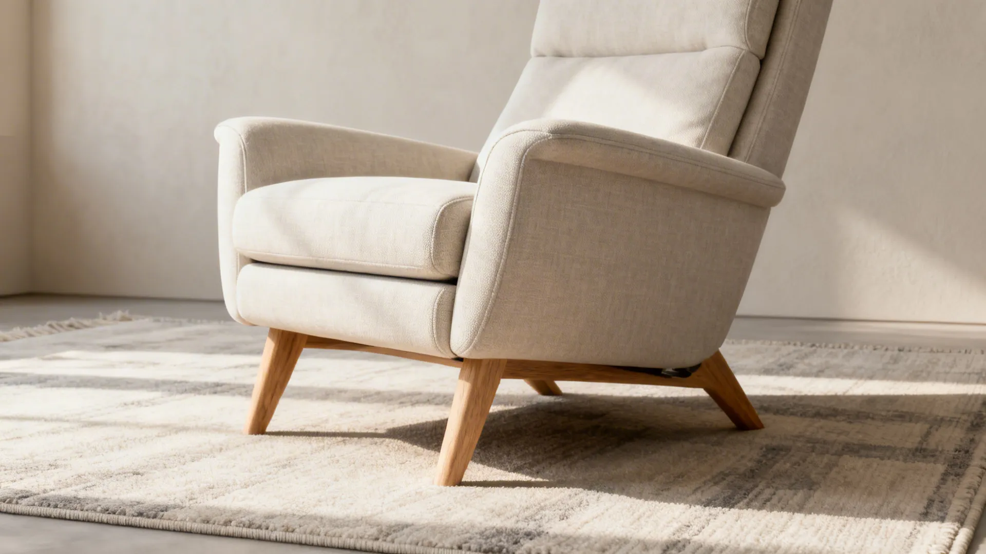 Light upholstery recliner with exposed legs blending into rug and wall tones