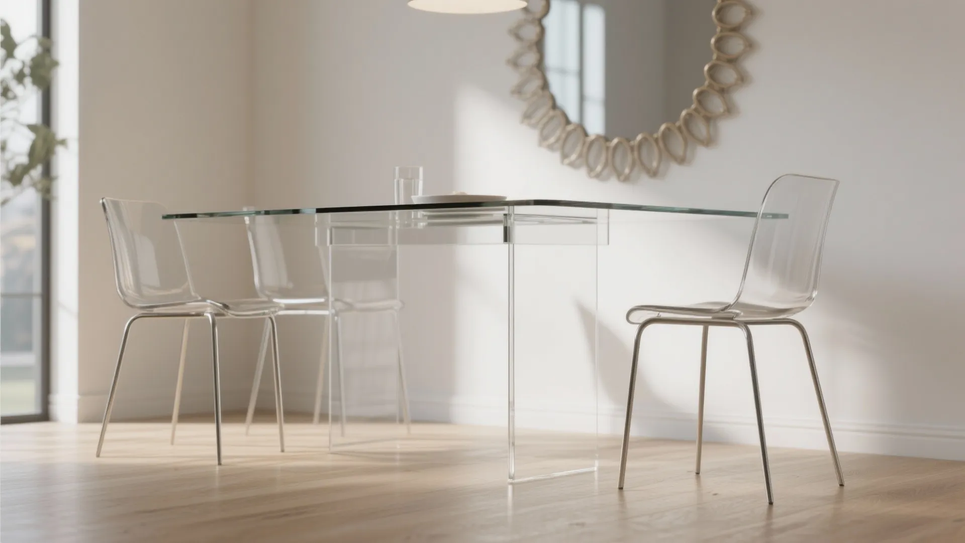Slim-legged chairs and a glass table with a mirror behind to visually lighten a dining area