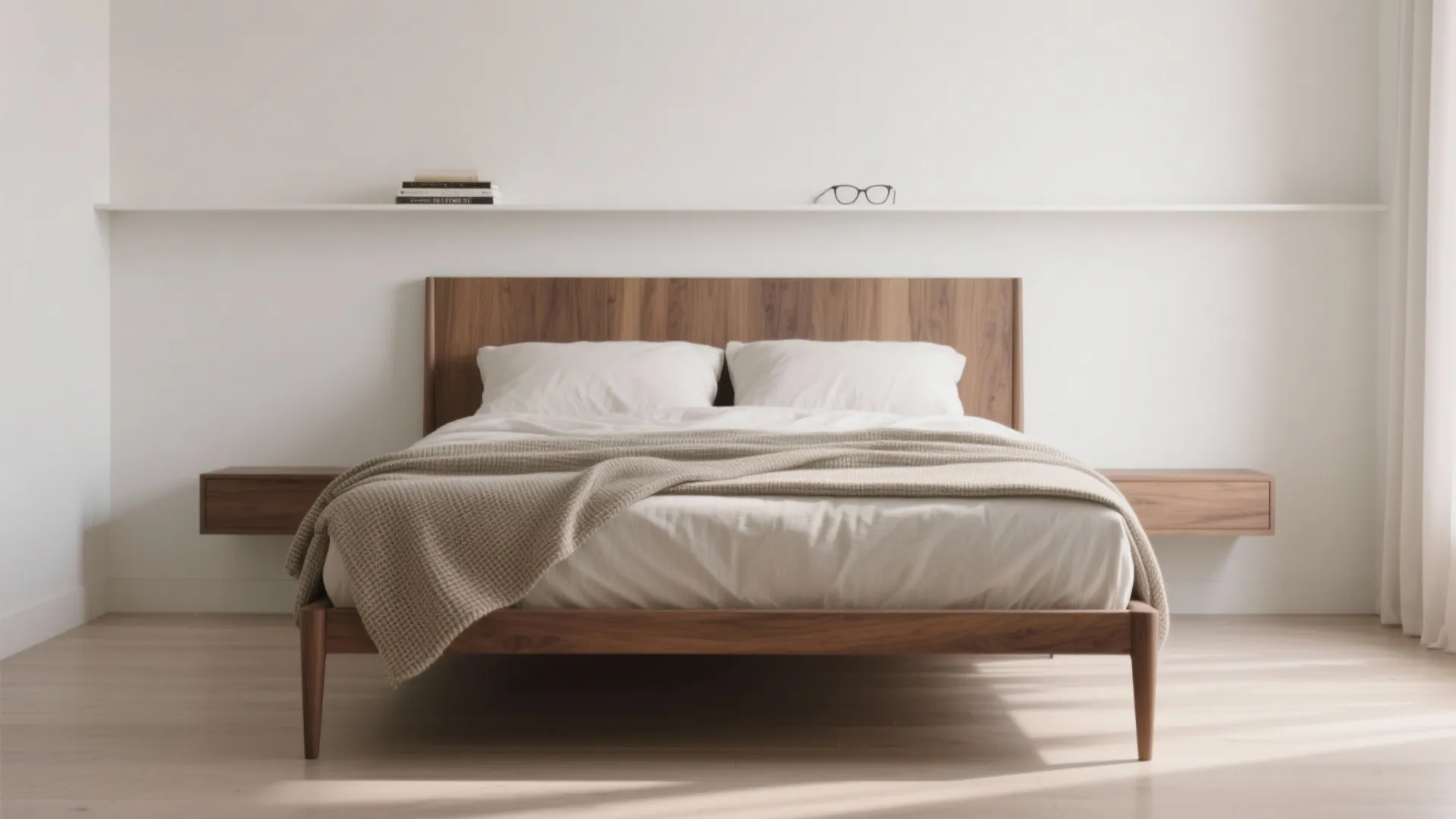 Queen bed on slender legs with a floating headboard panel and visible floor for an airy feel.