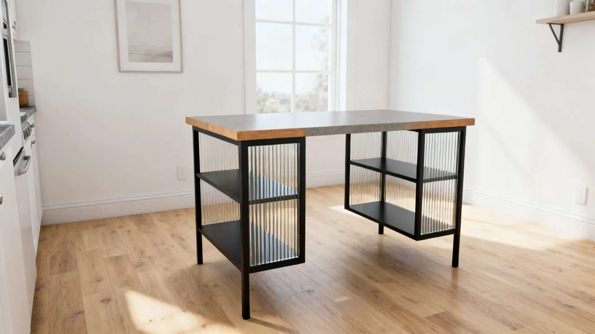 Airy island with a slim metal frame, ribbed glass ends, and open shelf in a tiny kitchen.