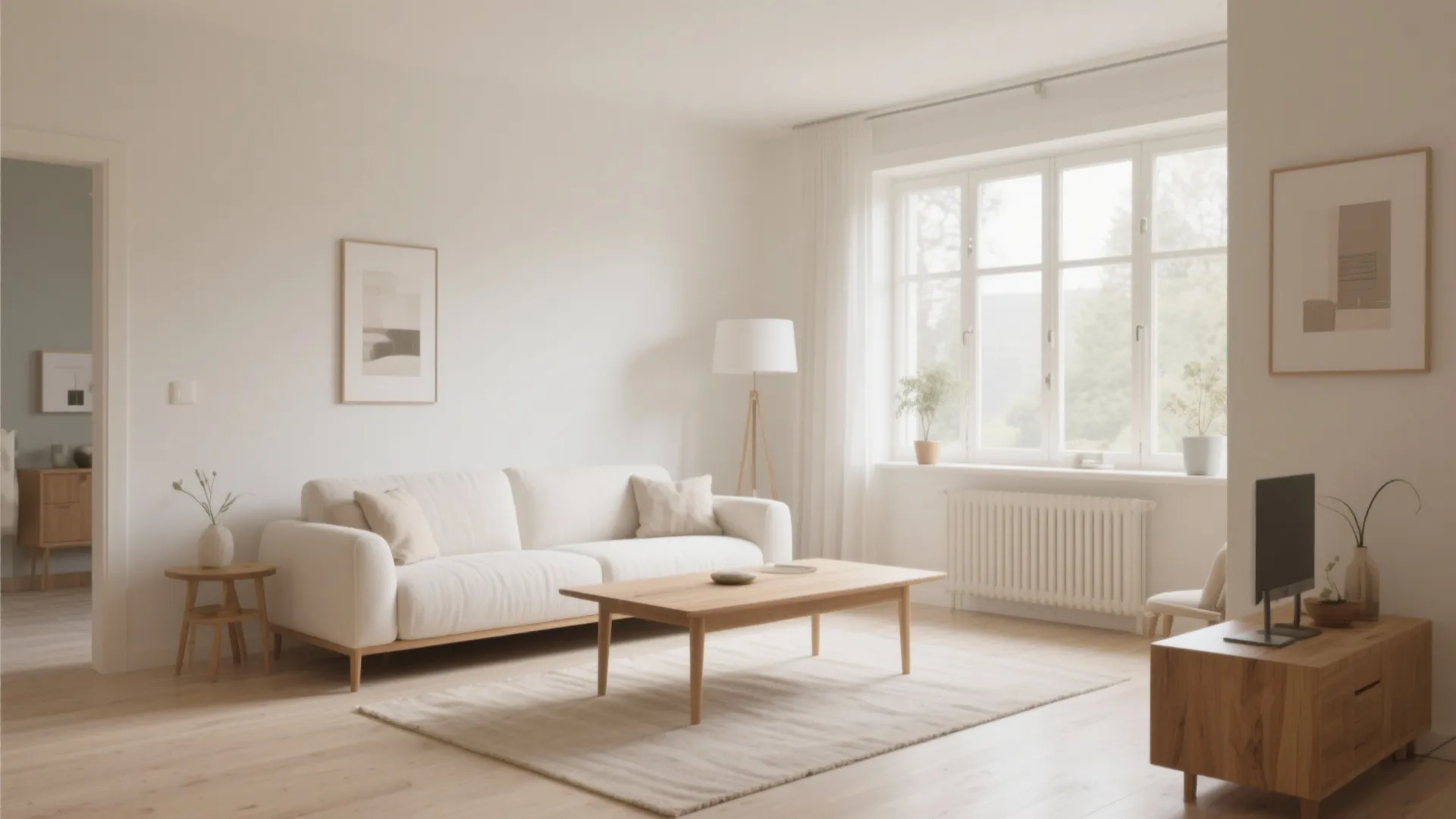 Minimalist living room with white sofa, wooden coffee table, floor lamp, and television on cabinet