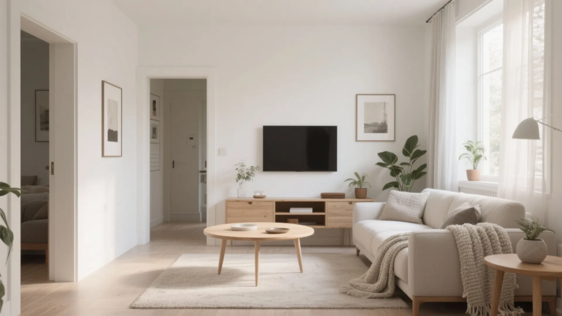 Bright living room with white sofa wooden coffee table wall mounted television minimalist cabinet and plants