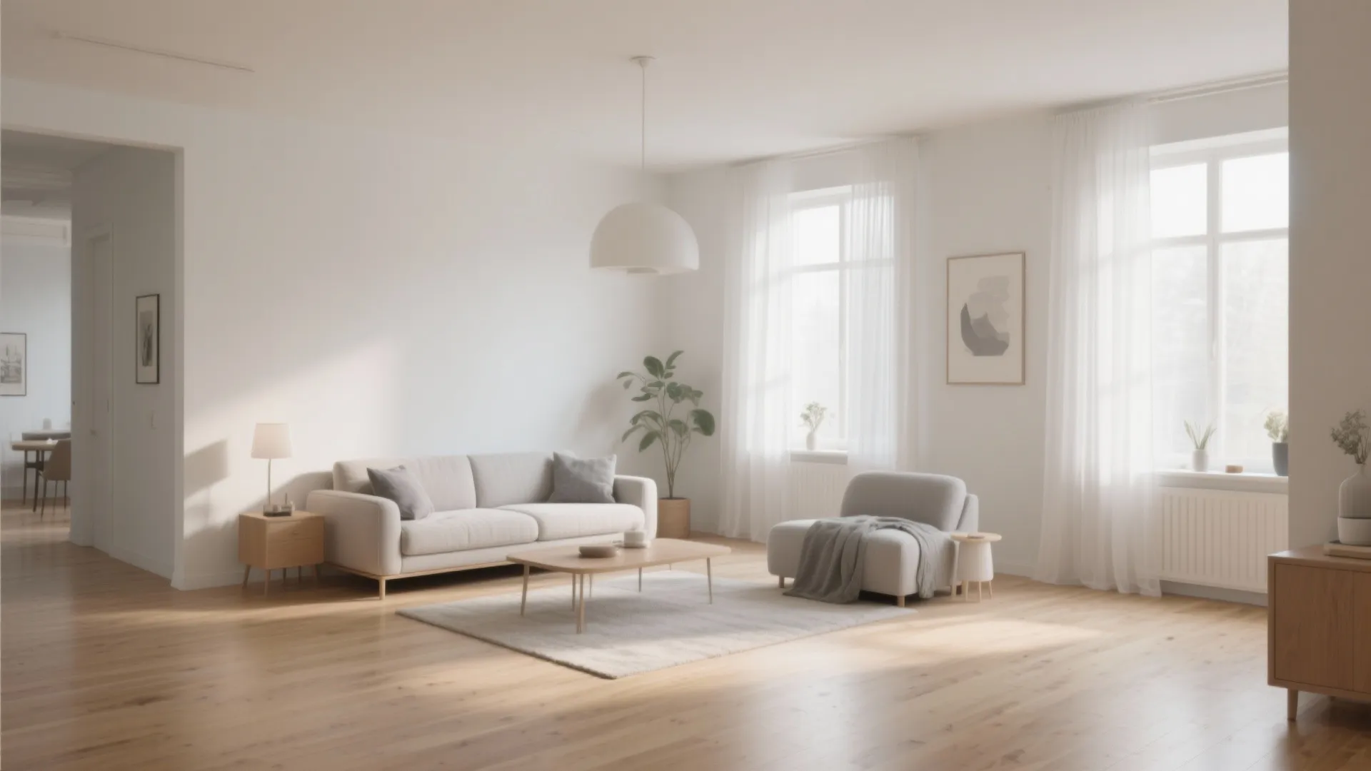 Bright living room with beige sofa wood floor white curtains and white ceiling light fixture