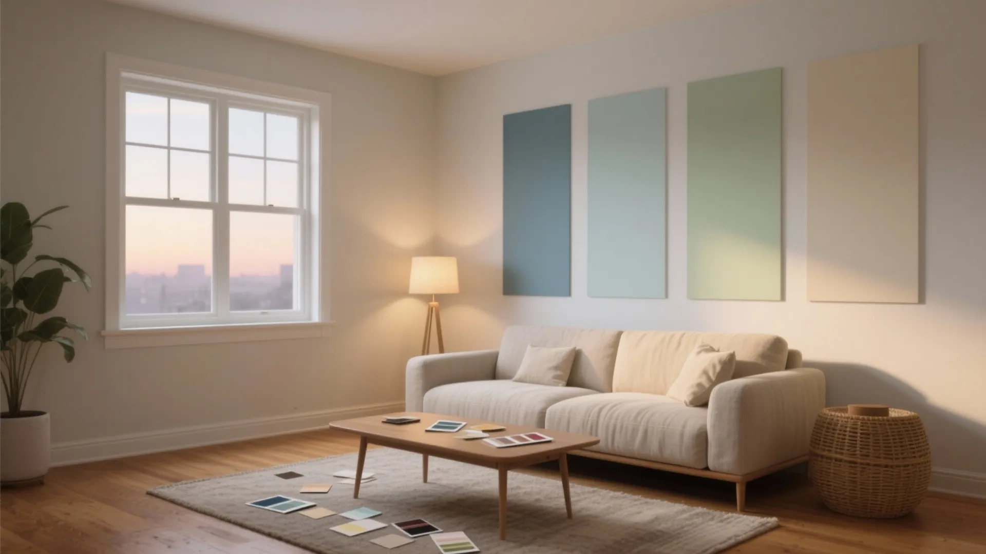 Warm living room with white sofa coffee table floor lamp wall panels and green house plant