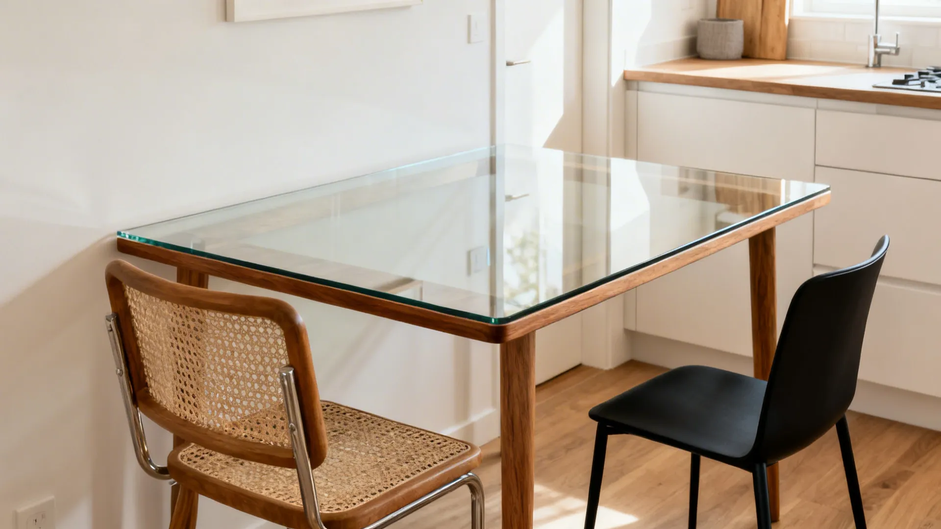 Slim glass-top table with cane-back and slender black chair creating a light, airy kitchen look.