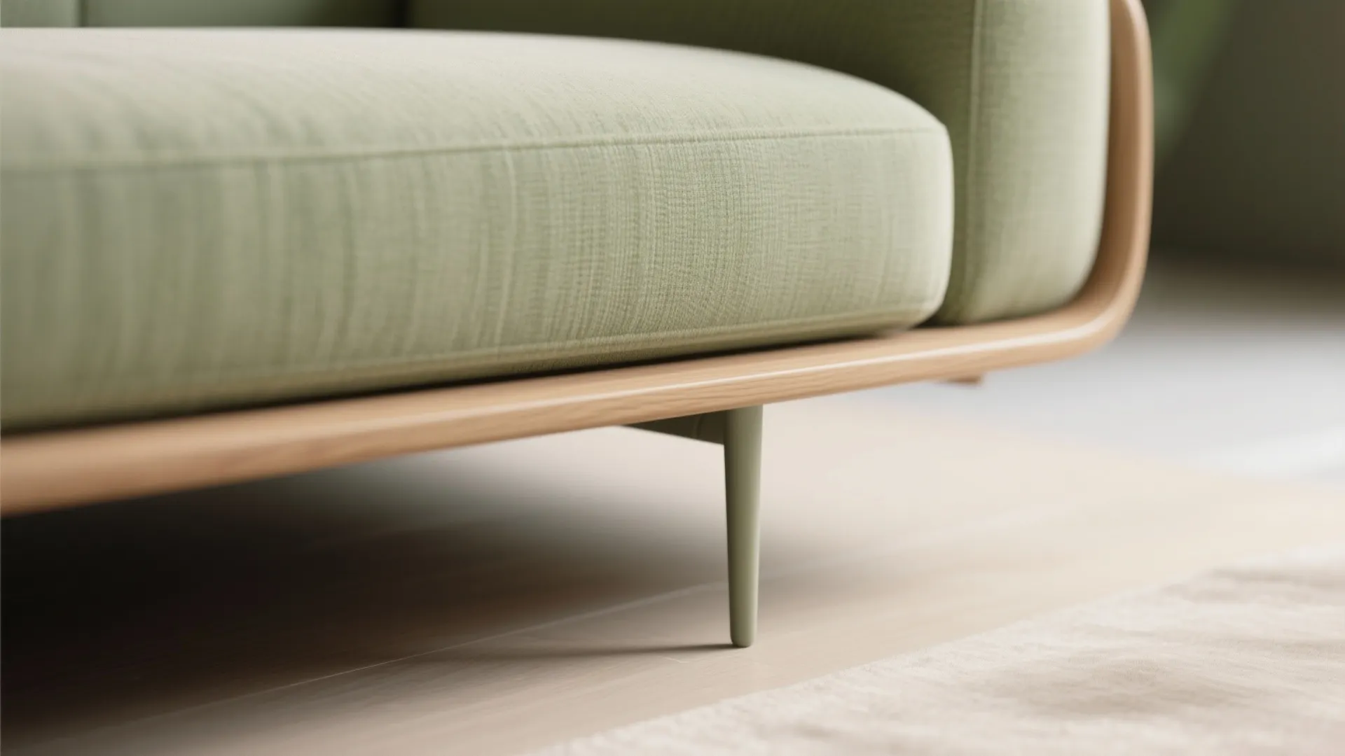 Close up of green fabric sofa cushion with light wood frame and thin metal leg