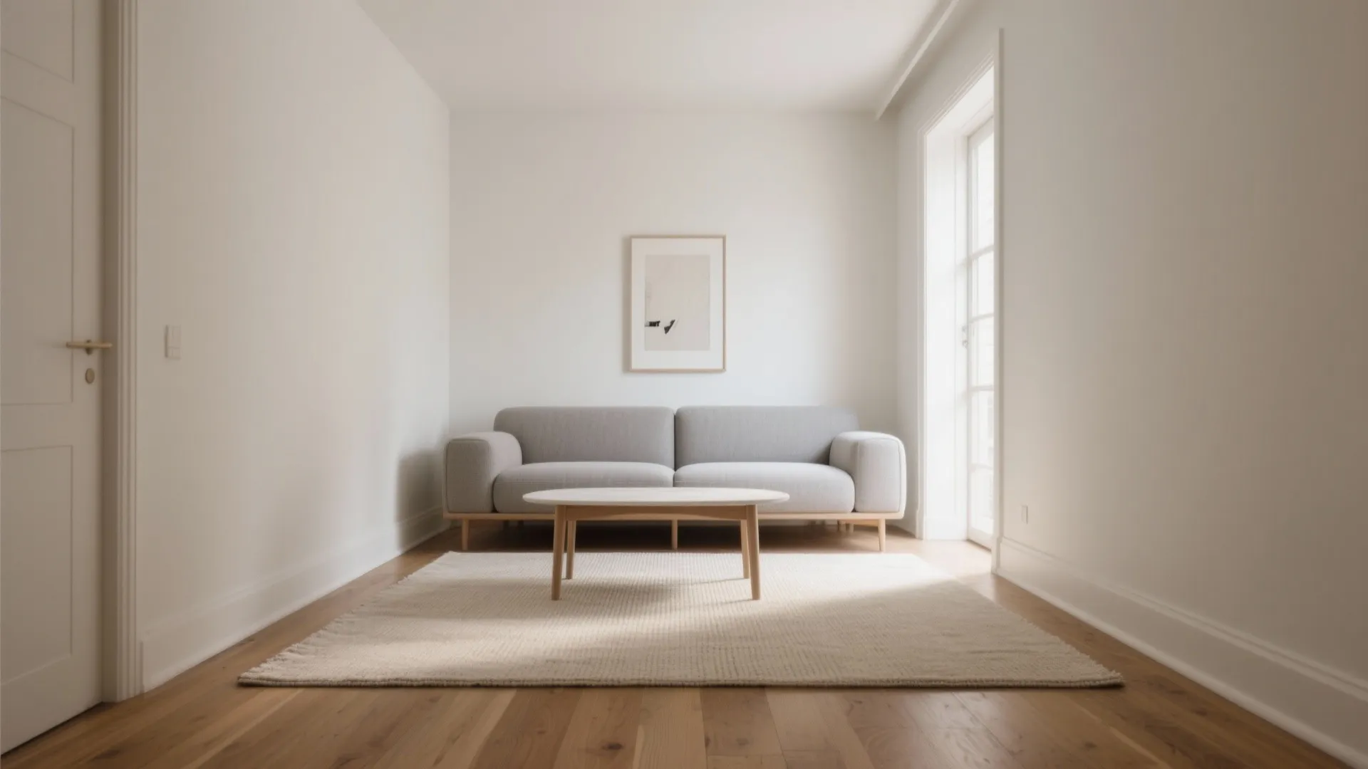 Pale low-contrast oatmeal flatweave rug in a small living room, calming the layout with sofa and coffee table on top.