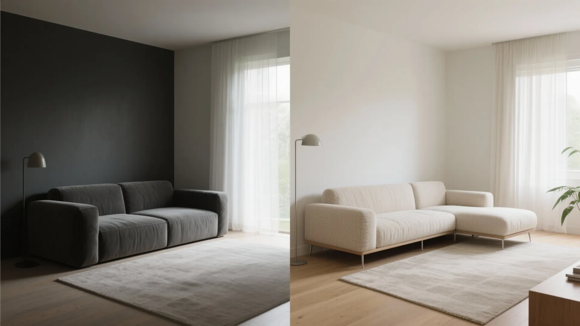 Before-and-after showing a dark bulky sofa replaced by a pale low-profile corner sofa with airy legs, sheer curtains, and a light rug.