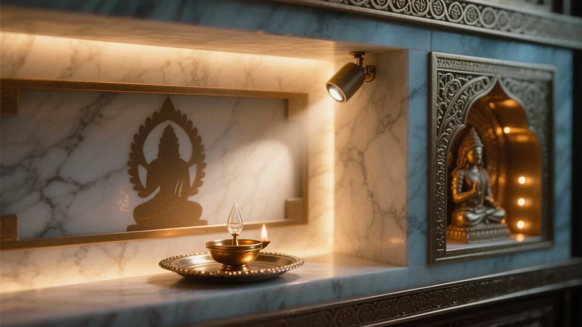 Small gold wall light shines on marble niche with traditional oil lamp and religious statue