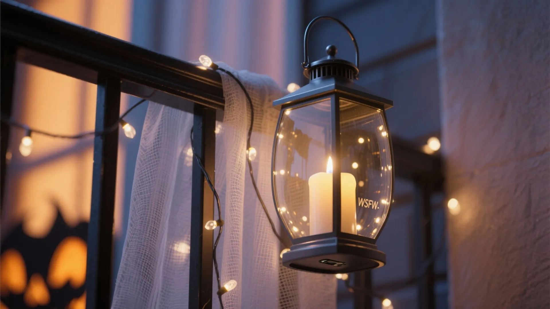 Close up of a black light fixture with a white candle on a balcony railing