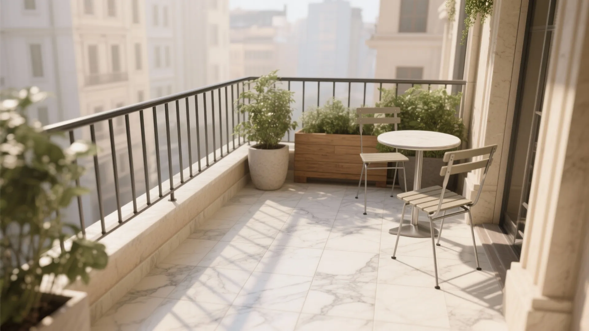 Light-toned marble to make small balconies feel bigger