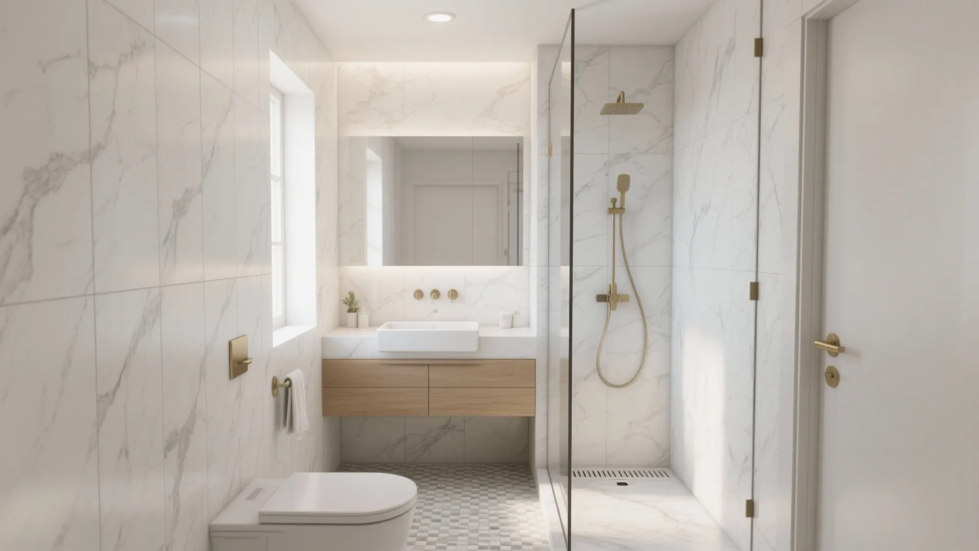 Light-toned marble to open up tiny bathrooms
