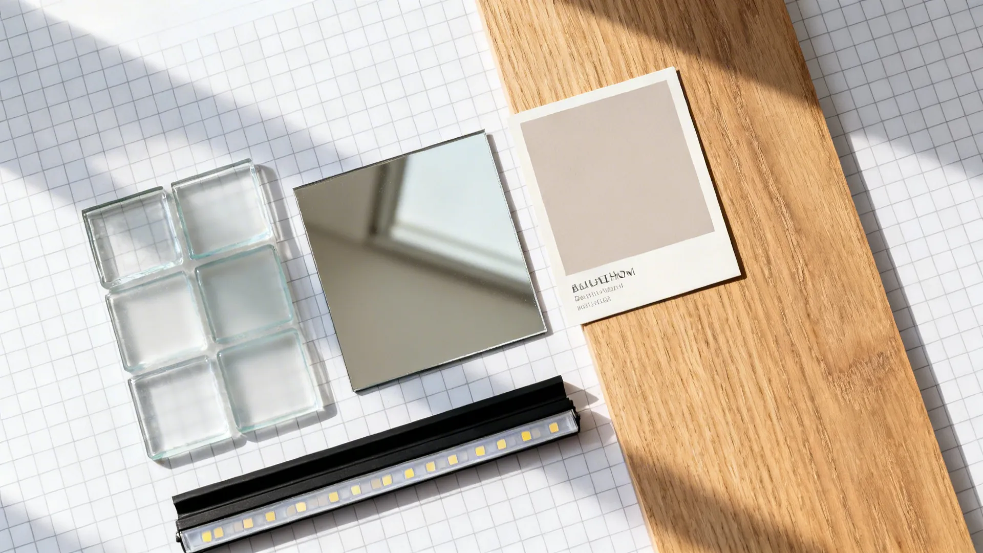 Top-down palette with glass, mirror, oak veneer, and light neutral paint chips.