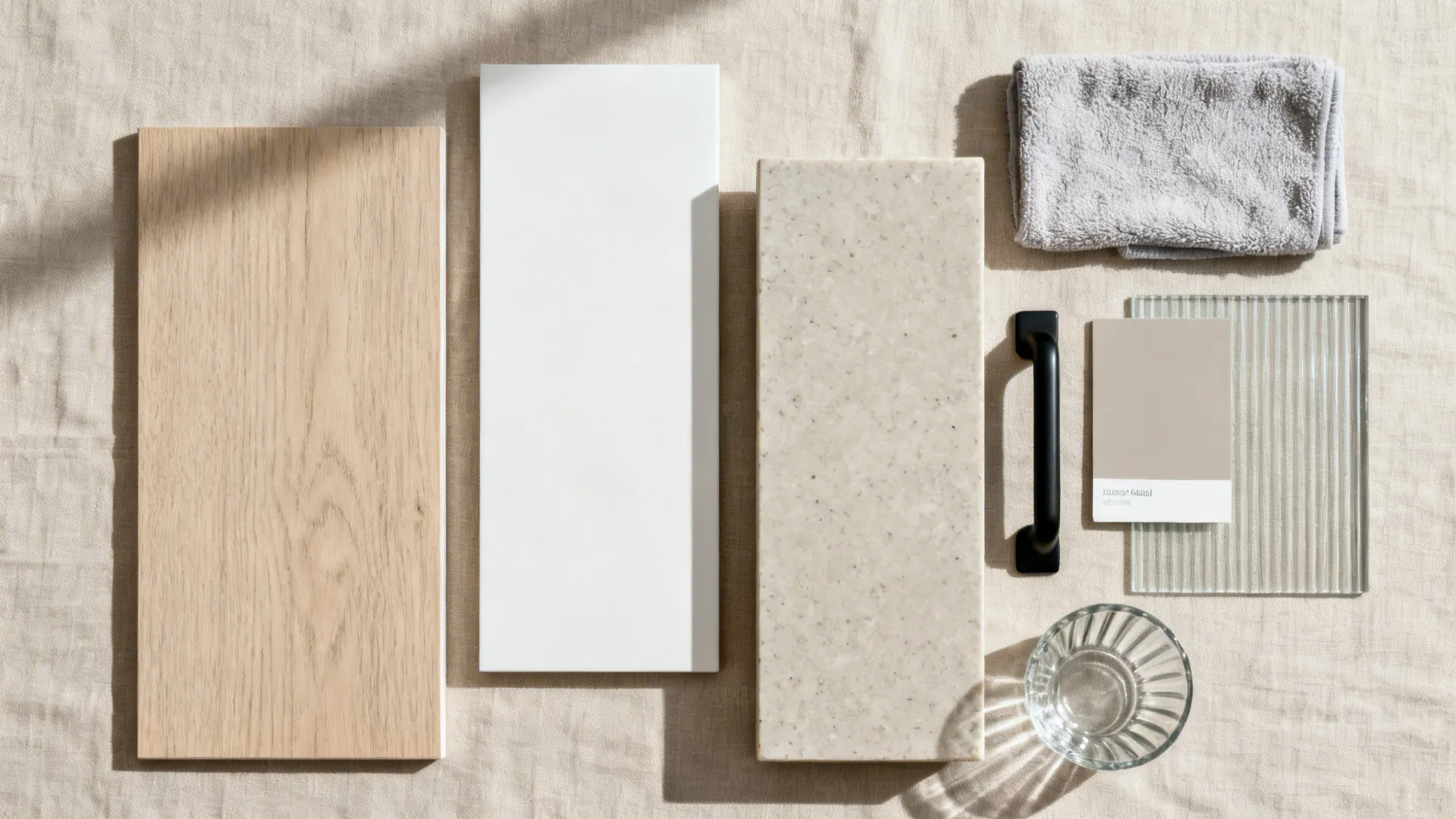 Top-down material board with ash wood, satin-white laminates, greige quartz, black hardware, and fluted glass.