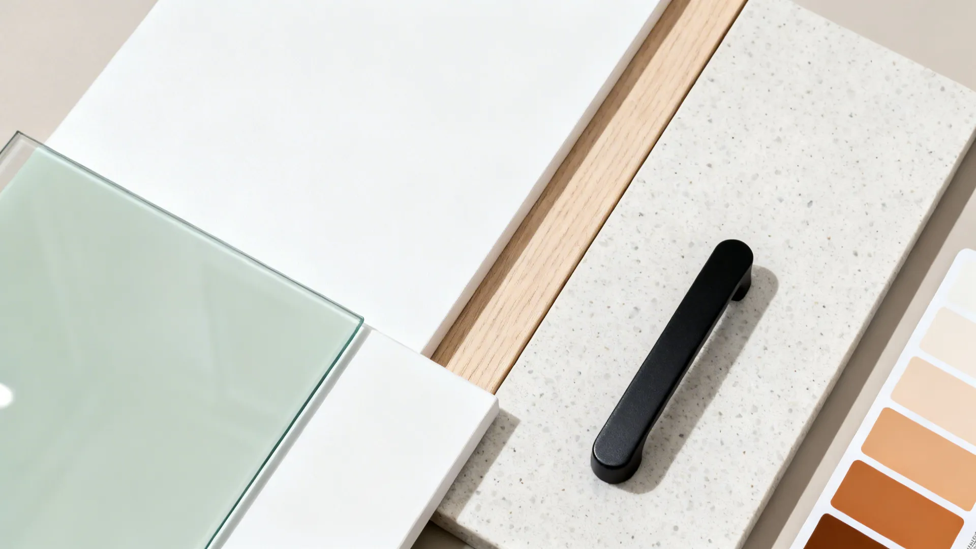 Material flat lay with glass backsplash, satin white laminate, pale oak, light quartz, and matte hardware.