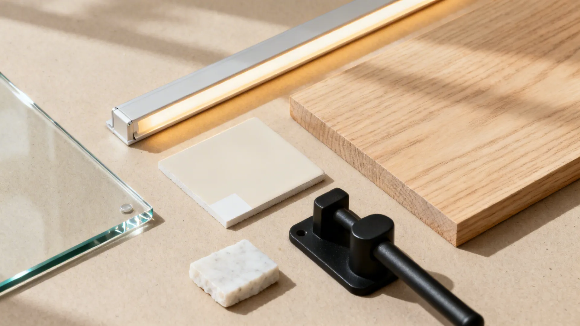 Flat lay with low-iron glass, semi-gloss paint, warm LED, pale quartz, matte black pull, and light oak veneer.