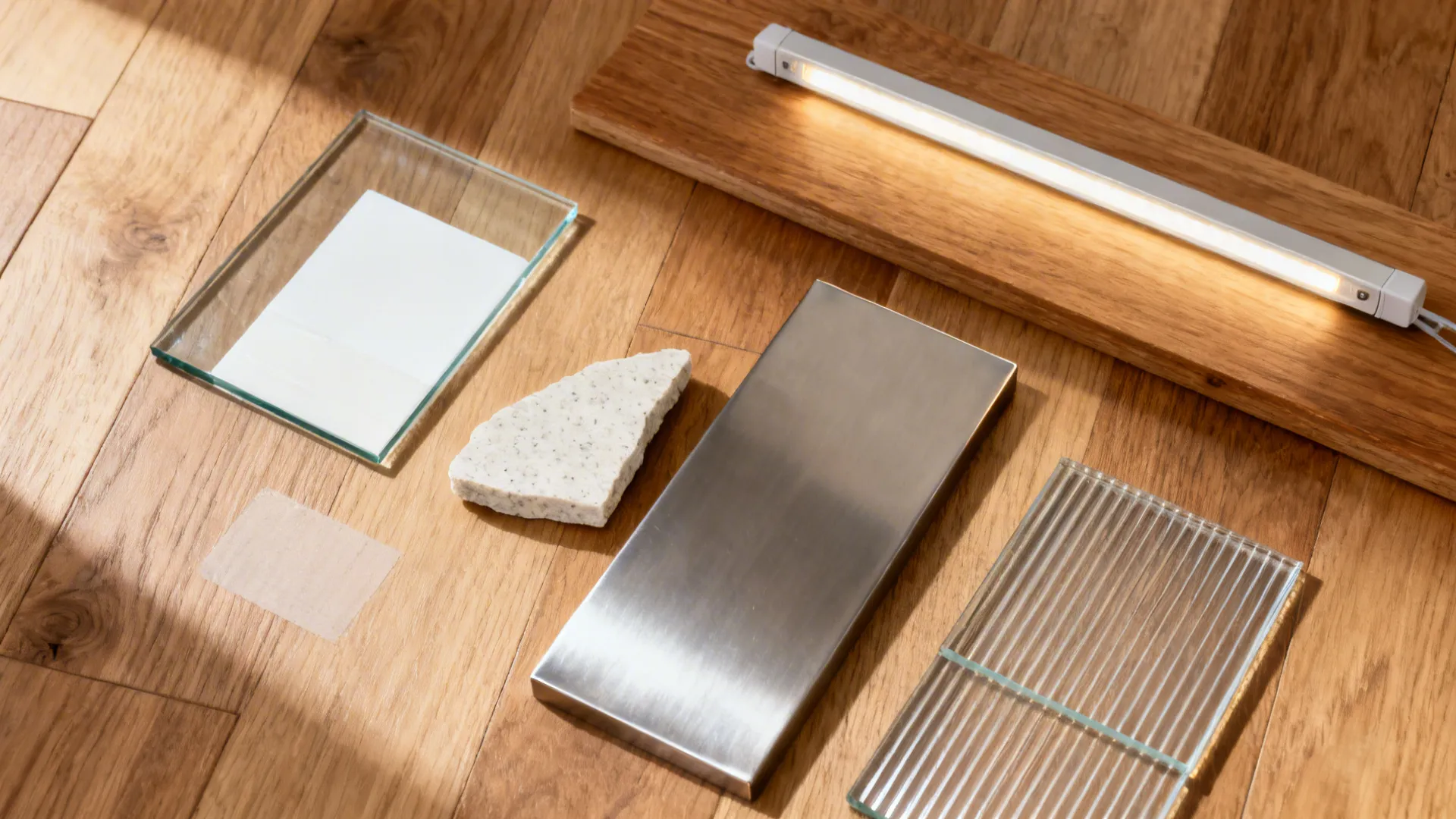 Flat lay of low-iron glass, satin paint, honed quartz, oak, and stainless for a bright kitchen.