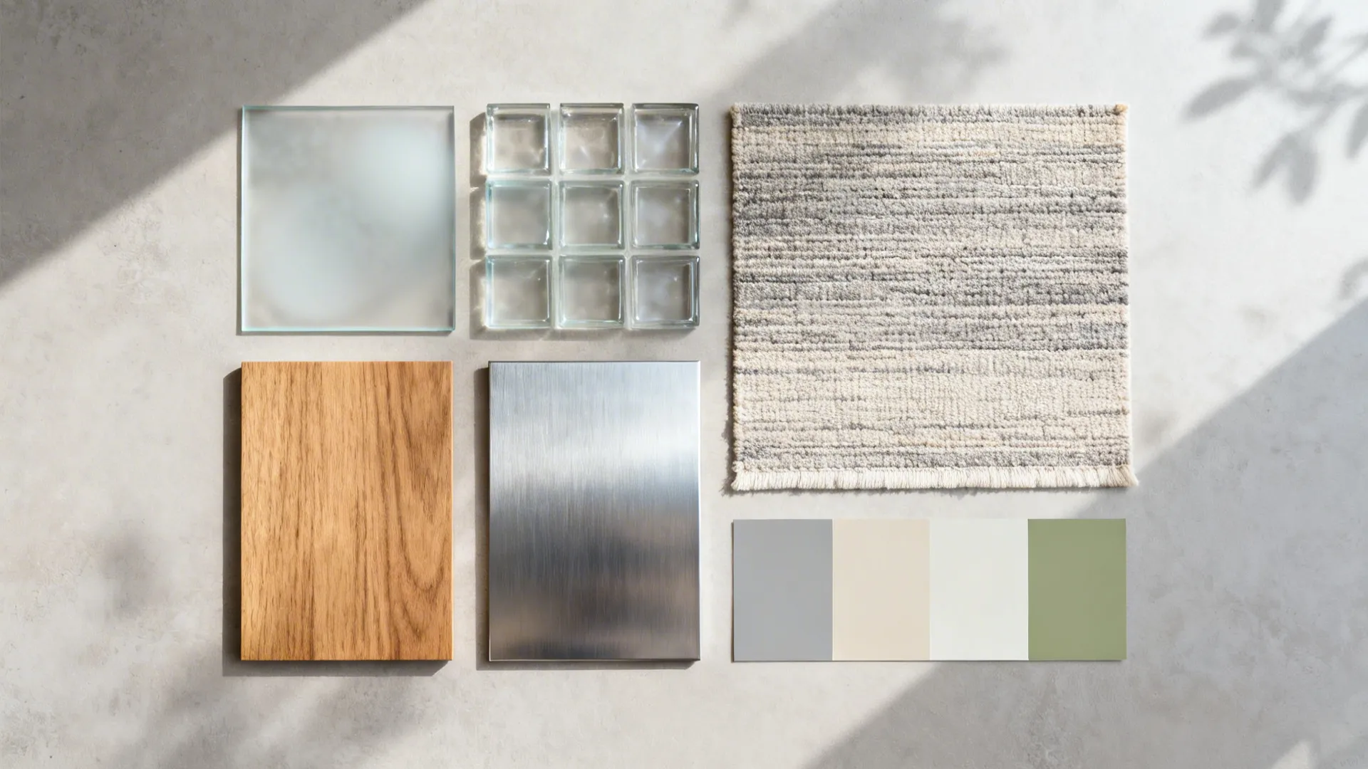 Flat lay with clear and frosted glass, oak veneer, brushed metal, and neutral rug swatches.