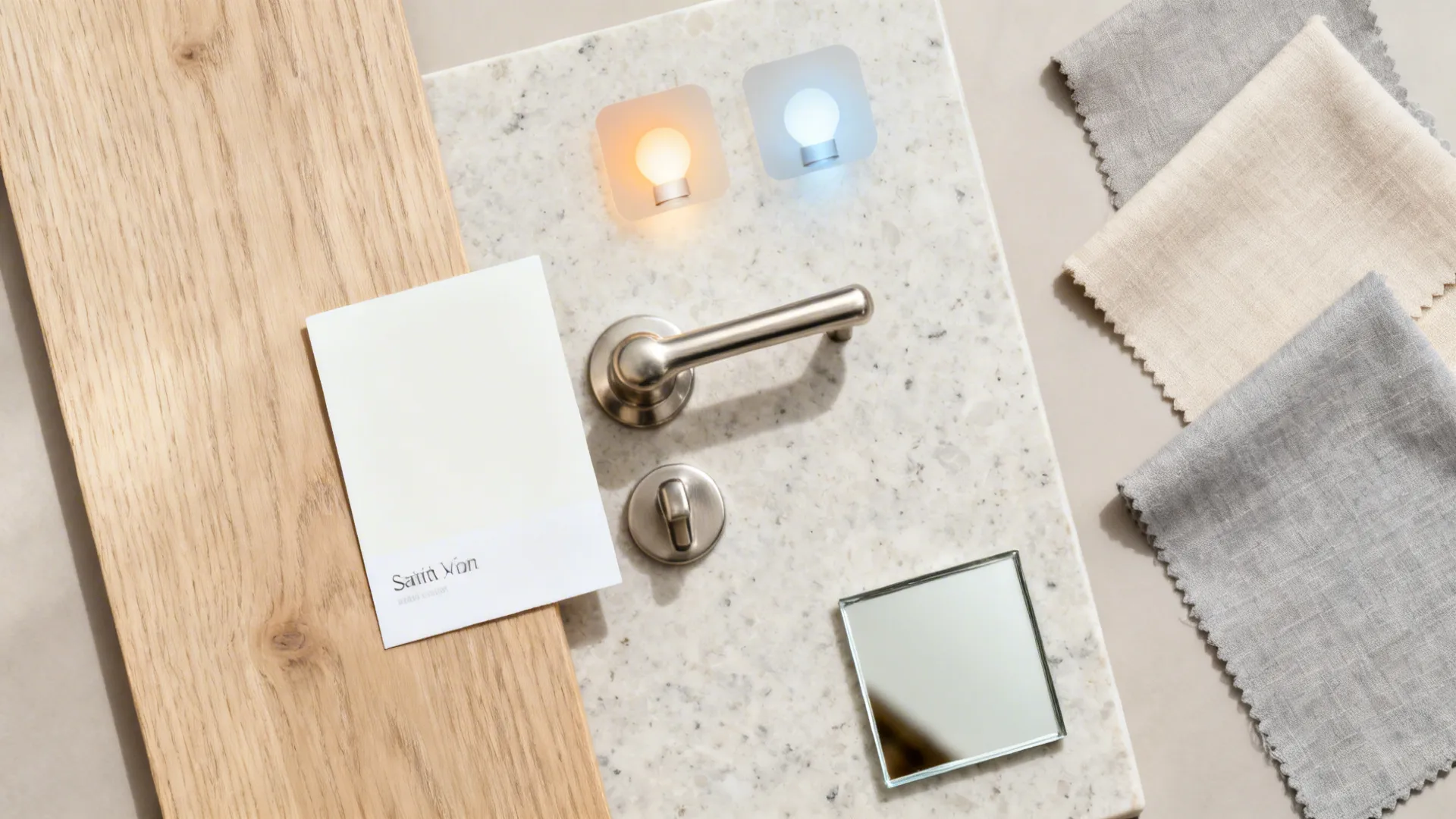 Flat lay of pale oak, satin paint, stone countertop, and hardware under soft daylight.