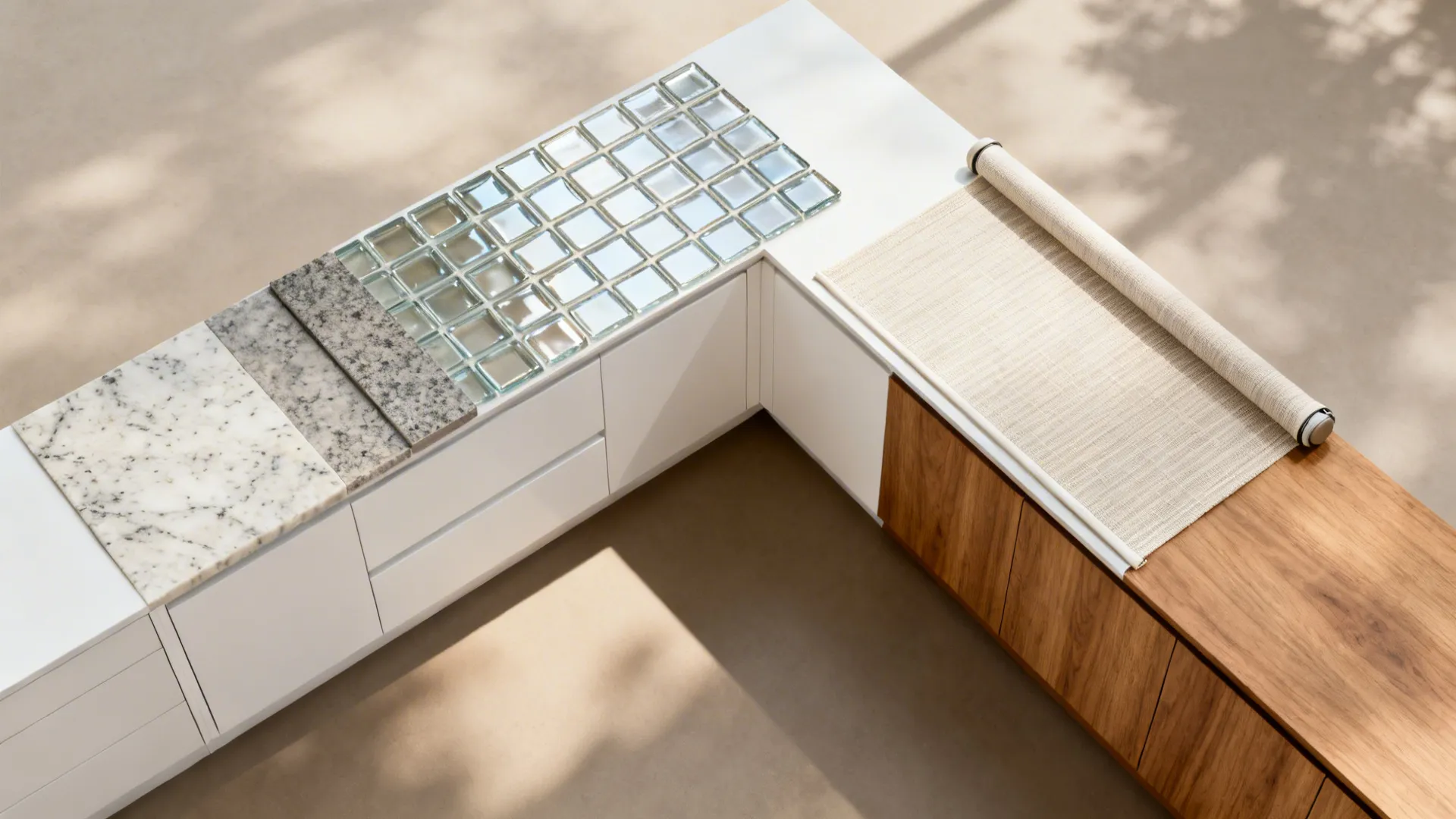 Flatlay of polished quartz, glass tile, matte oak, soft white cabinet, and roller shade fabric.