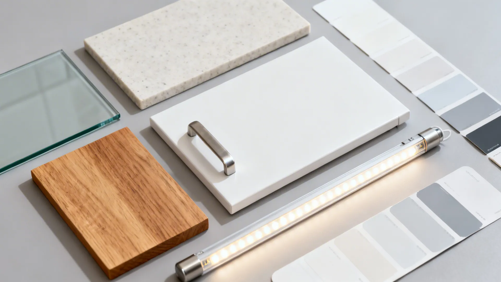 Flat lay of interior design materials including wood stone glass light fixture and color paint swatches