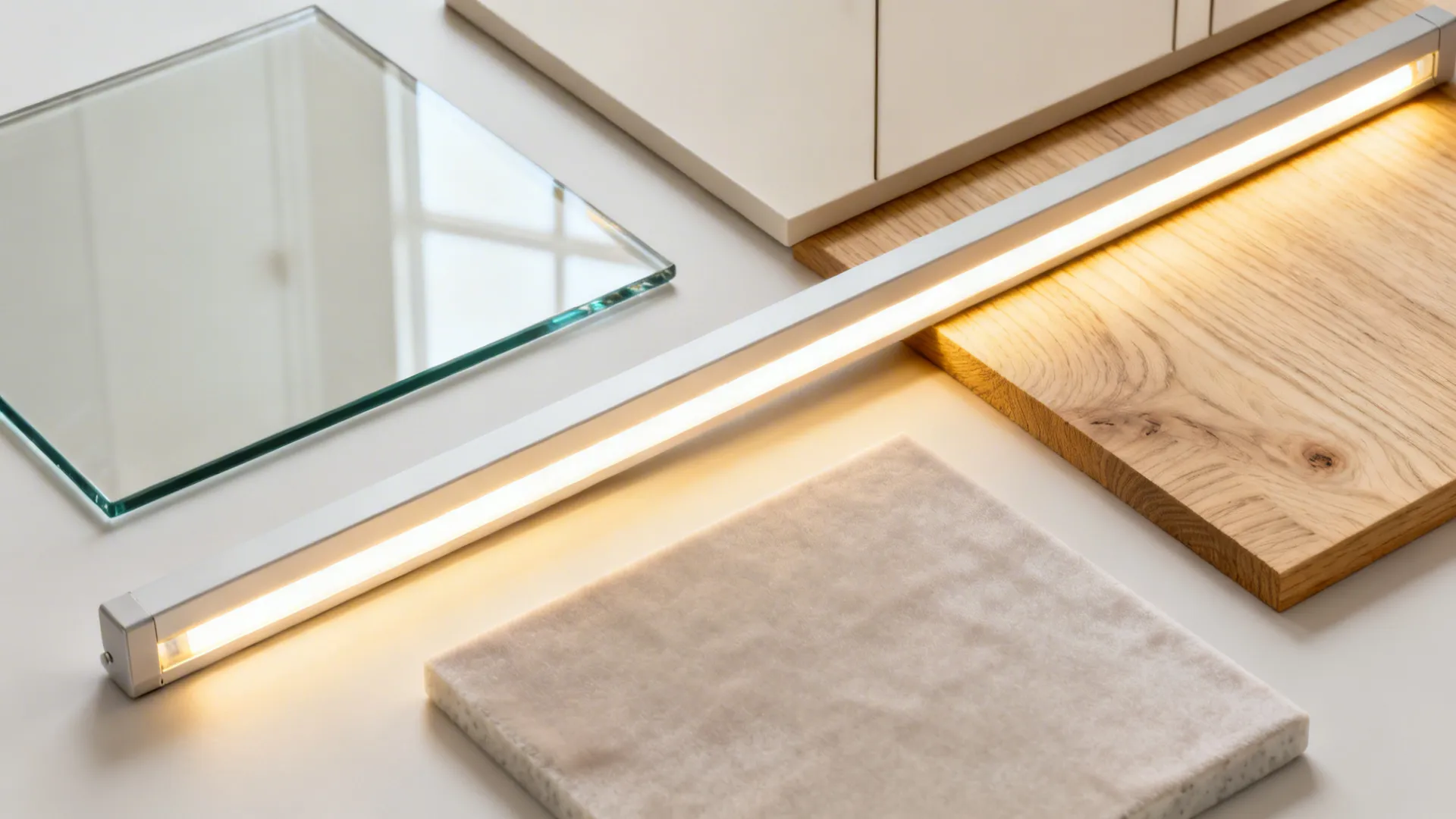 Material flat lay with low-iron glass, high-LRV satin finish, pale oak, warm LED, and matte quartz.