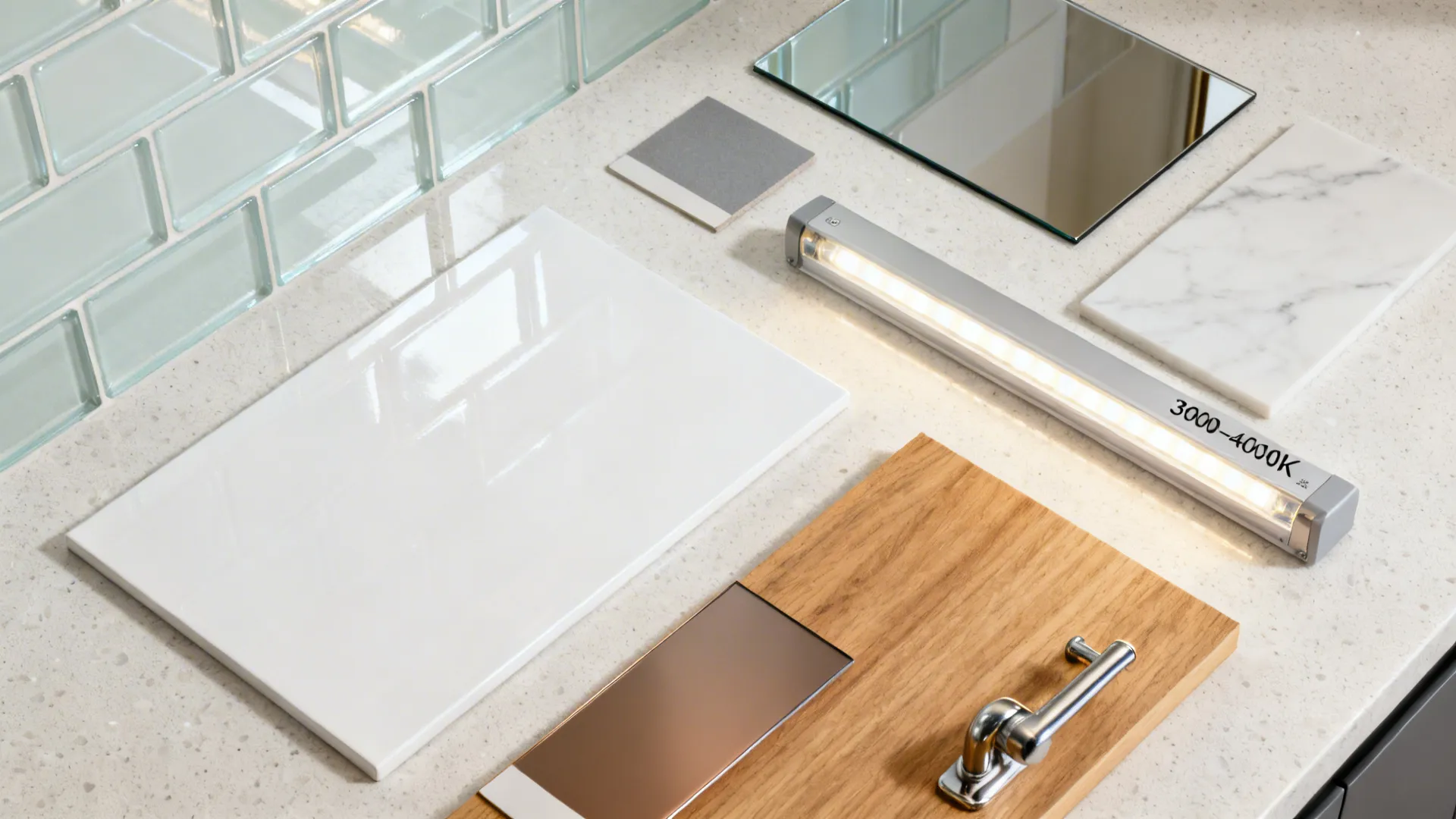 Flat lay of pale glass tile, gloss white panel, bronze mirror, oak veneer, and light quartz.