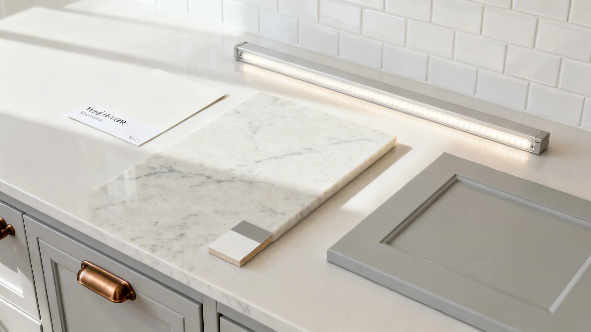 Flat lay of high-LRV paint, white tile, pale quartz, and warm nickel hardware.
