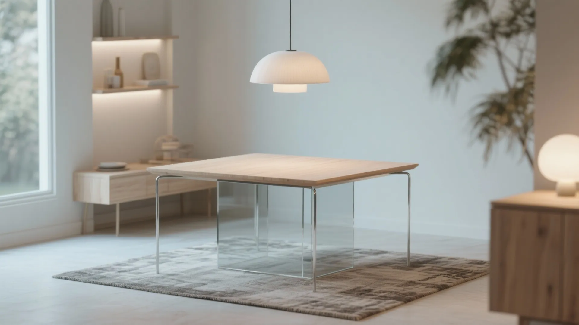 Modern wooden dining table with glass base on a rug with a white ceiling light above
