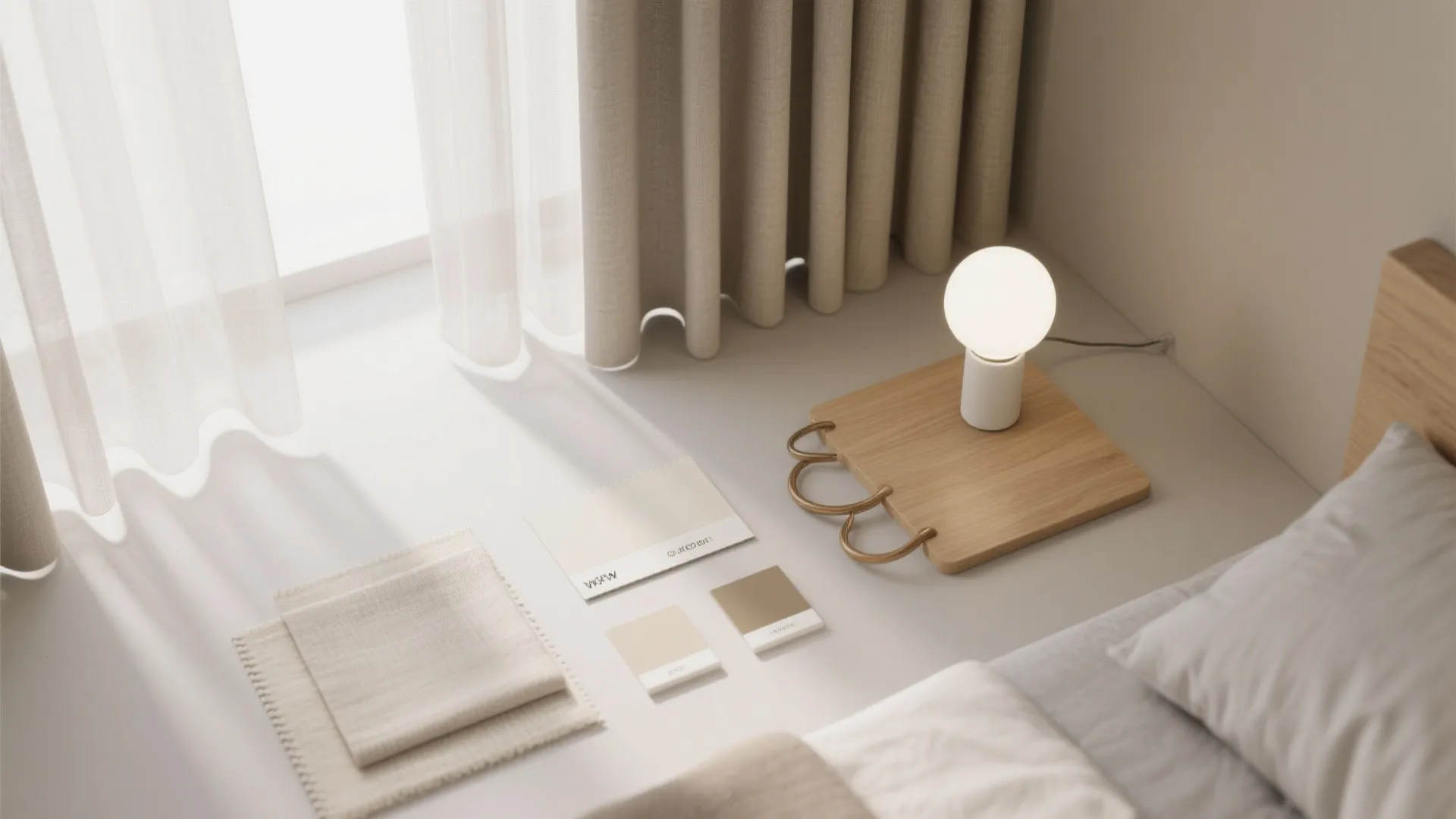 Interior design mood board with fabric samples color cards small light fixture and wooden board