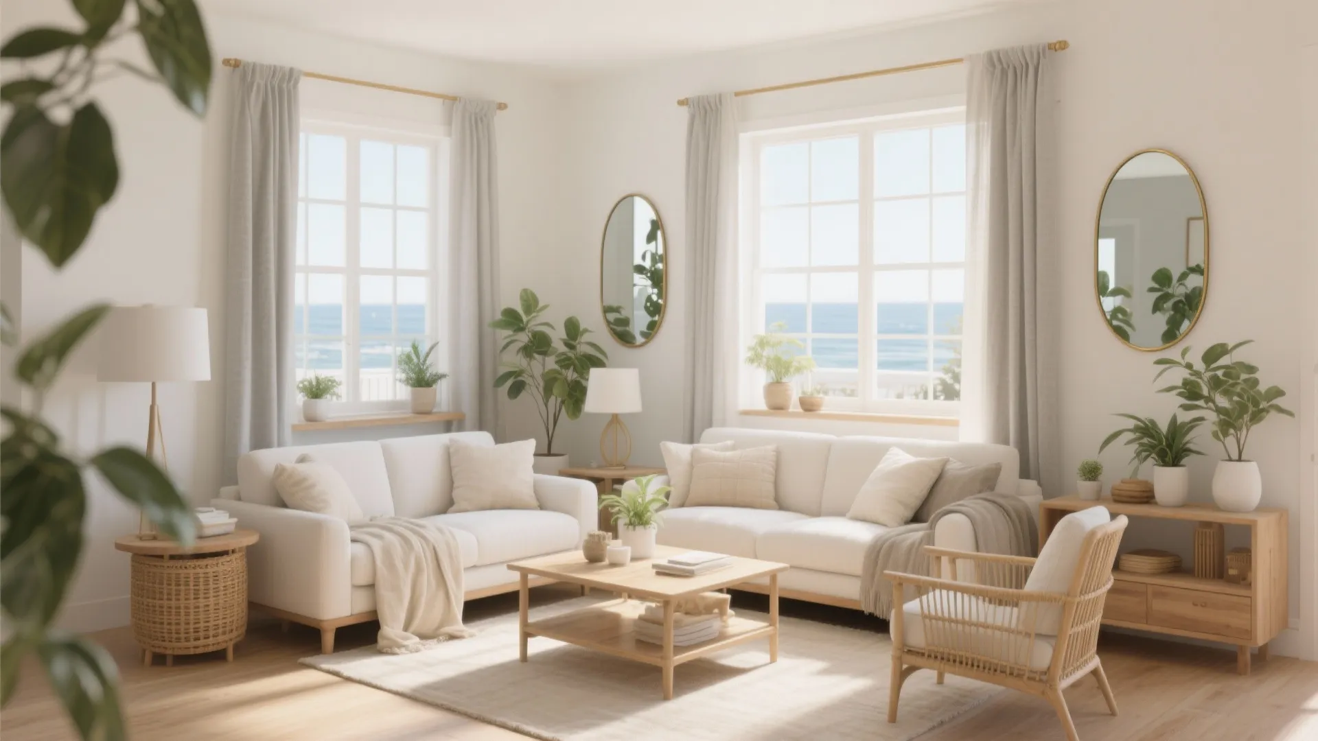 Bright living room with white sofas wooden coffee table mirrors and windows showing sea view
